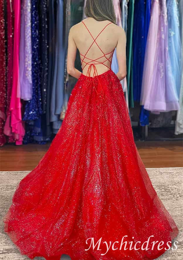 Elegant Red V-Neck Lace Sequin Prom Dress with High Slit - Perfect for Homecoming, Formal Dances & Special Occasions