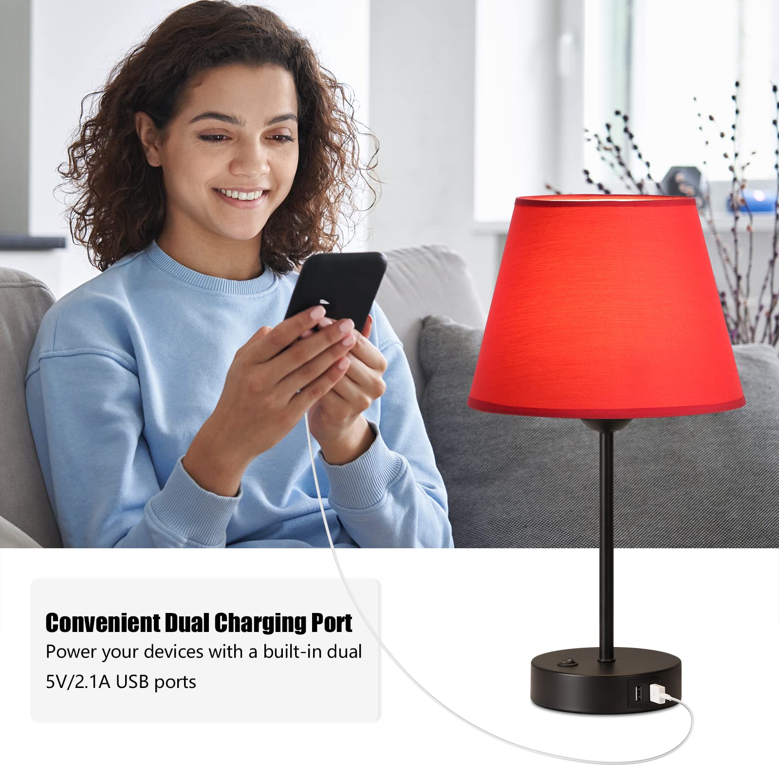 Set of 2 USB Table Lamps with Red Fabric Shade - Bedside Nightstand Lamps for Bedroom, Living Room, Study & Office - Perfect for Reading, Working & Creating Cozy Ambience