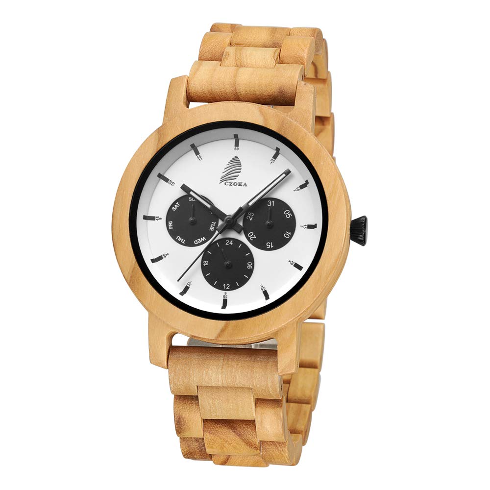 CZOKA Natural Wooden Watch for Men & Women - 100% Wood Quartz Movement with Date/Week Display - Lightweight Unisex Wristwatch for Casual & Outdoor Wear