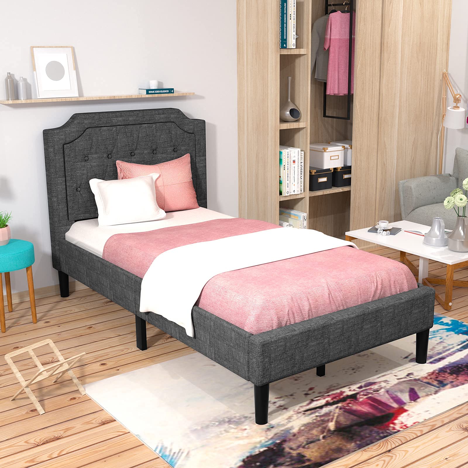 Giantex Twin Size Upholstered Bed Frame with Button Stitched Headboard - Sturdy Metal Frame & 10 Wooden Slats Support - No Box Spring Needed - Perfect for Small Bedrooms, Guest Rooms & Dorm Rooms