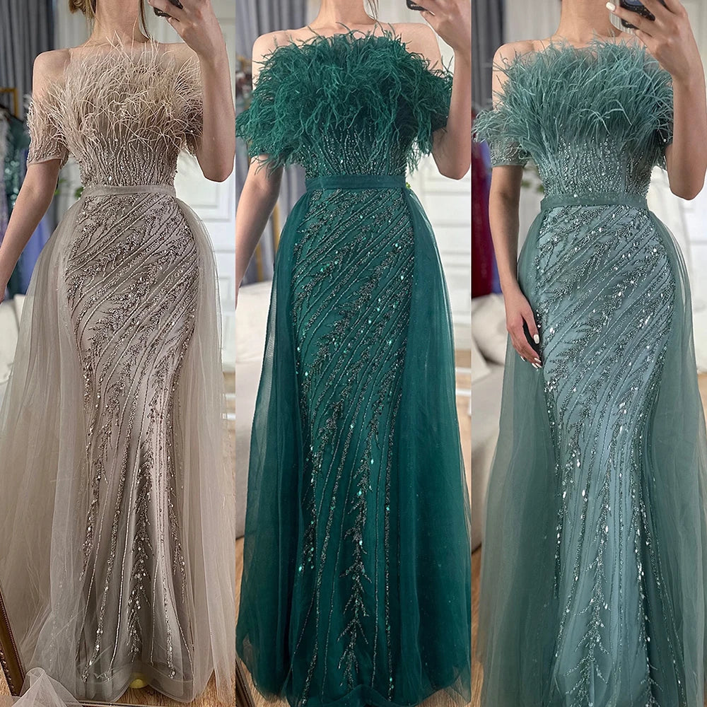 Luxury Dubai Saudi Arabic Beaded Caramel Mermaid Evening Gown with Overskirt - Elegant Formal Dress for Weddings, Galas & Special Occasions LA71634A