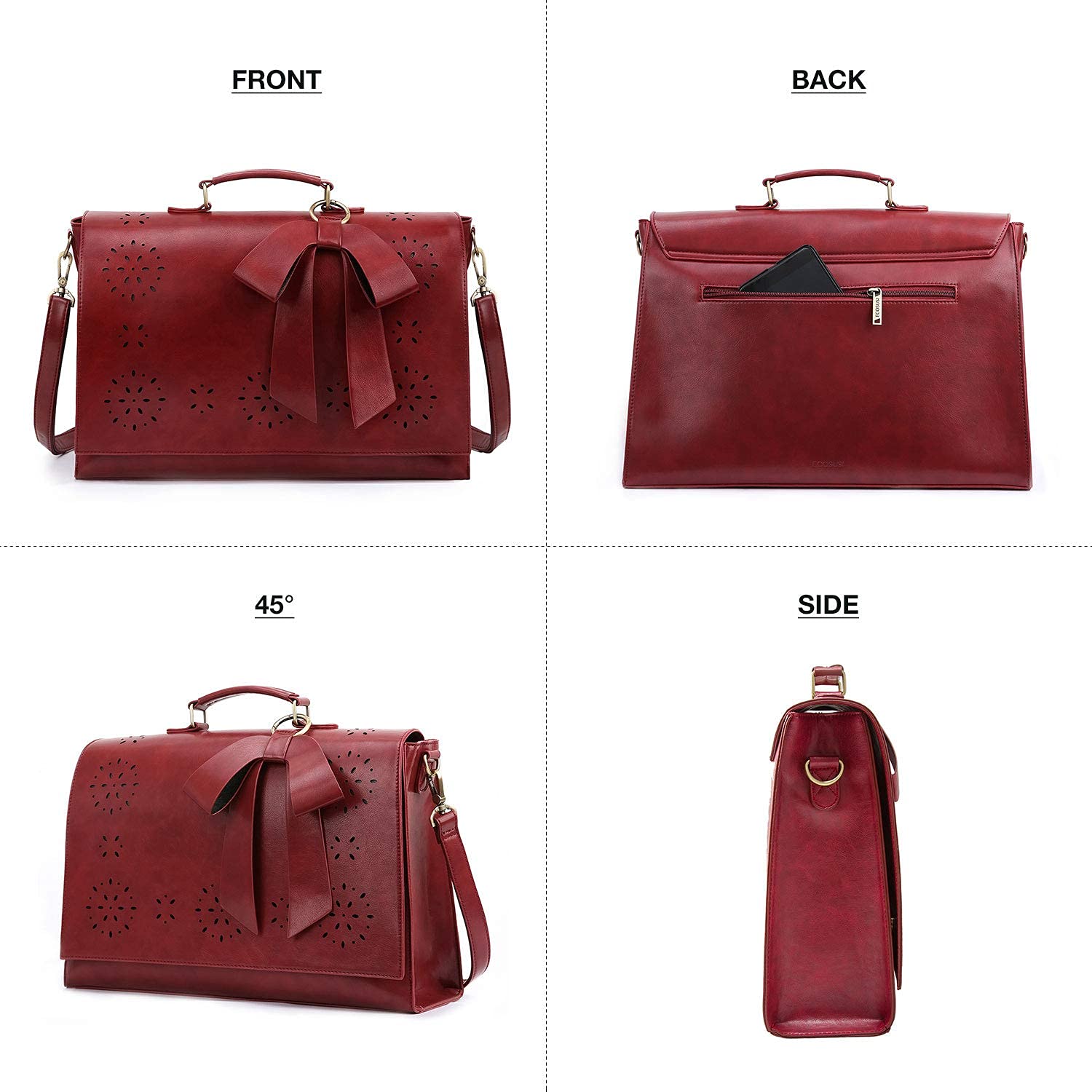 ECOSUSI Vegan Leather Women's Laptop Briefcase - Professional Work Shoulder Bag with Detachable Bow - Perfect for Office, Business Travel & Commuting