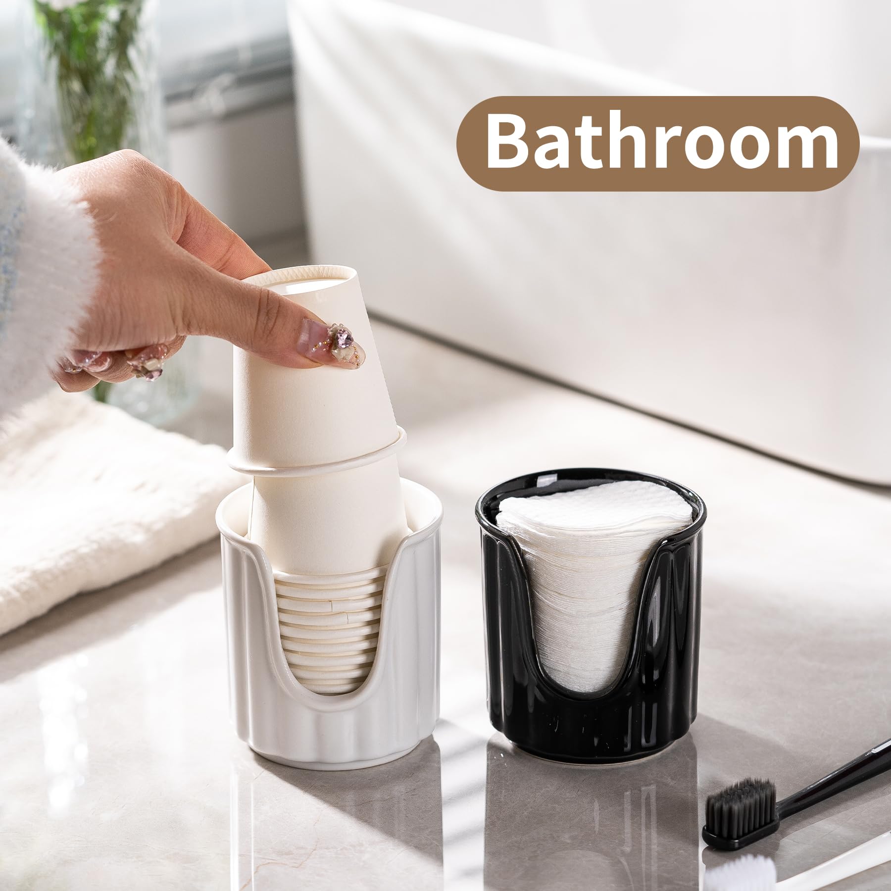 Stylish Black Ceramic Bathroom Cup Dispenser with Vertical Stripes - Holds 3oz Dixie Paper Cups & Mouthwash Cups - Perfect for Vanity Countertops, Guest Bathrooms, and Dental Offices