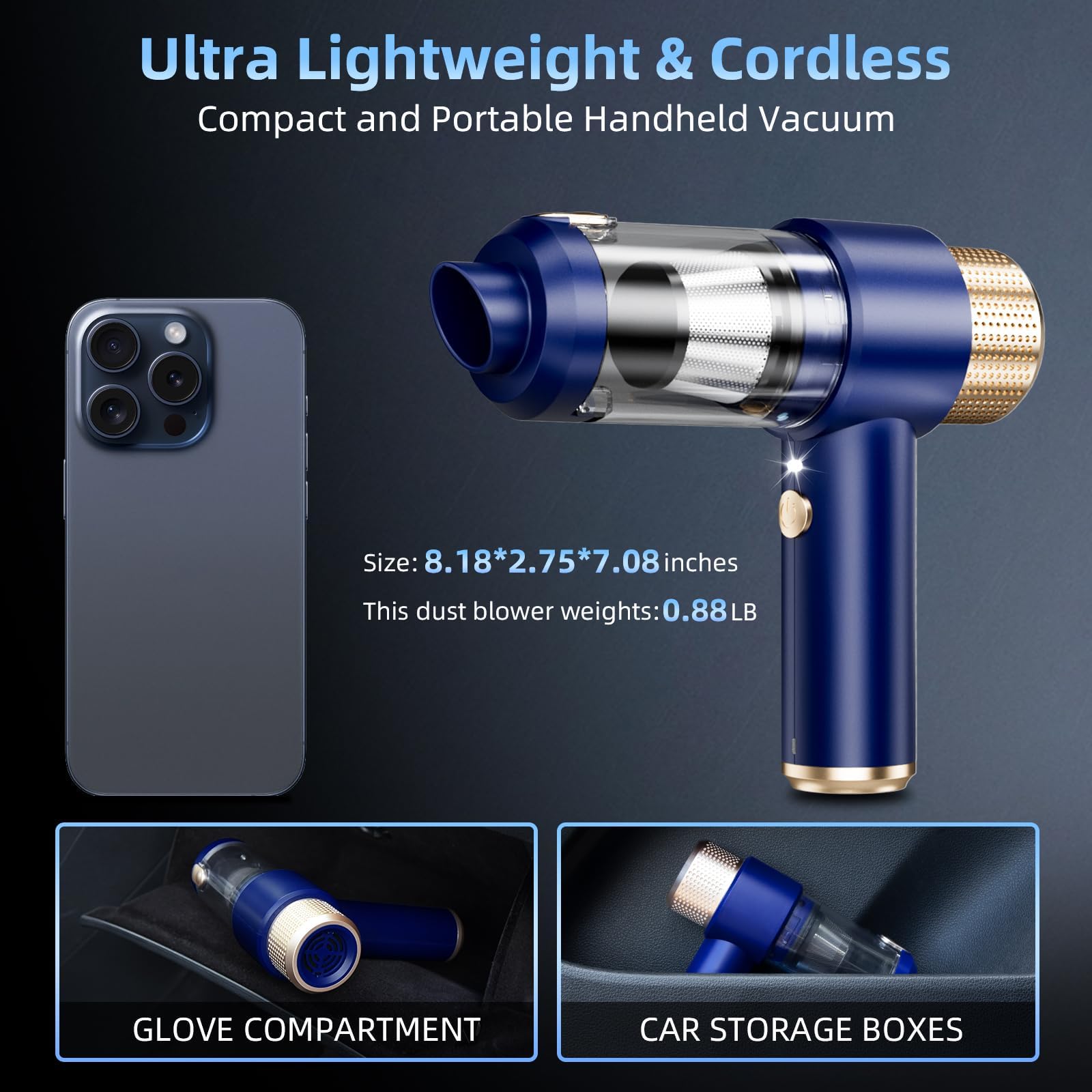 High Power Handheld Car Vacuum Cleaner - Rechargeable Mini Vacuum with LED Light & Detailing Brush for Car Interior, Home, Office, Keyboard Cleaning | Portable for Auto Detailing, Pet Hair, Dust Removal