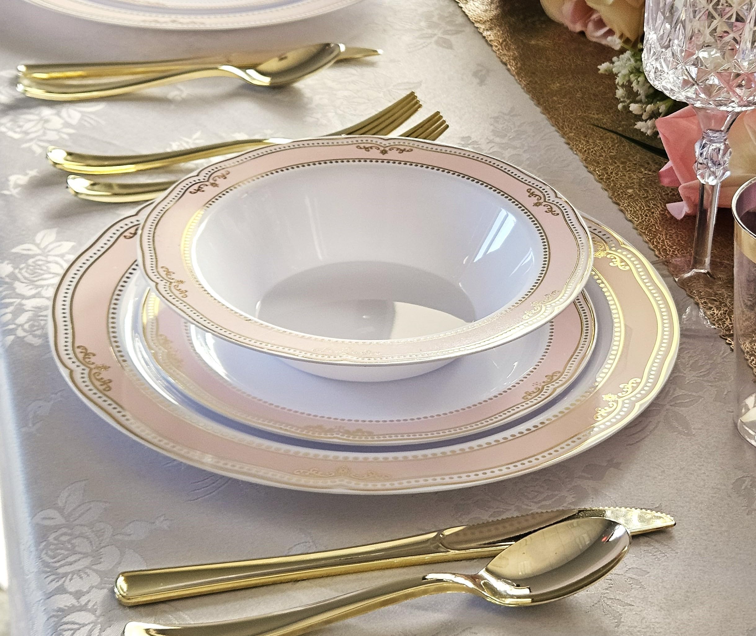 120-Piece Disposable Plastic Plates & Bowls Set - 12oz Scalloped Soup Bowls in White, Blush & Gold for Weddings, Parties & Events - Perfect for Catering, Buffets & Special Occasions