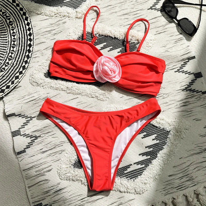 3D Floral Bandeau Bikini Set 2024 - Sexy Women's Swimwear Brazilian Thong Bathing Suit for Beach & Pool - Sizes S-XL | Perfect for Summer Vacations, Beach Parties & Tropical Getaways