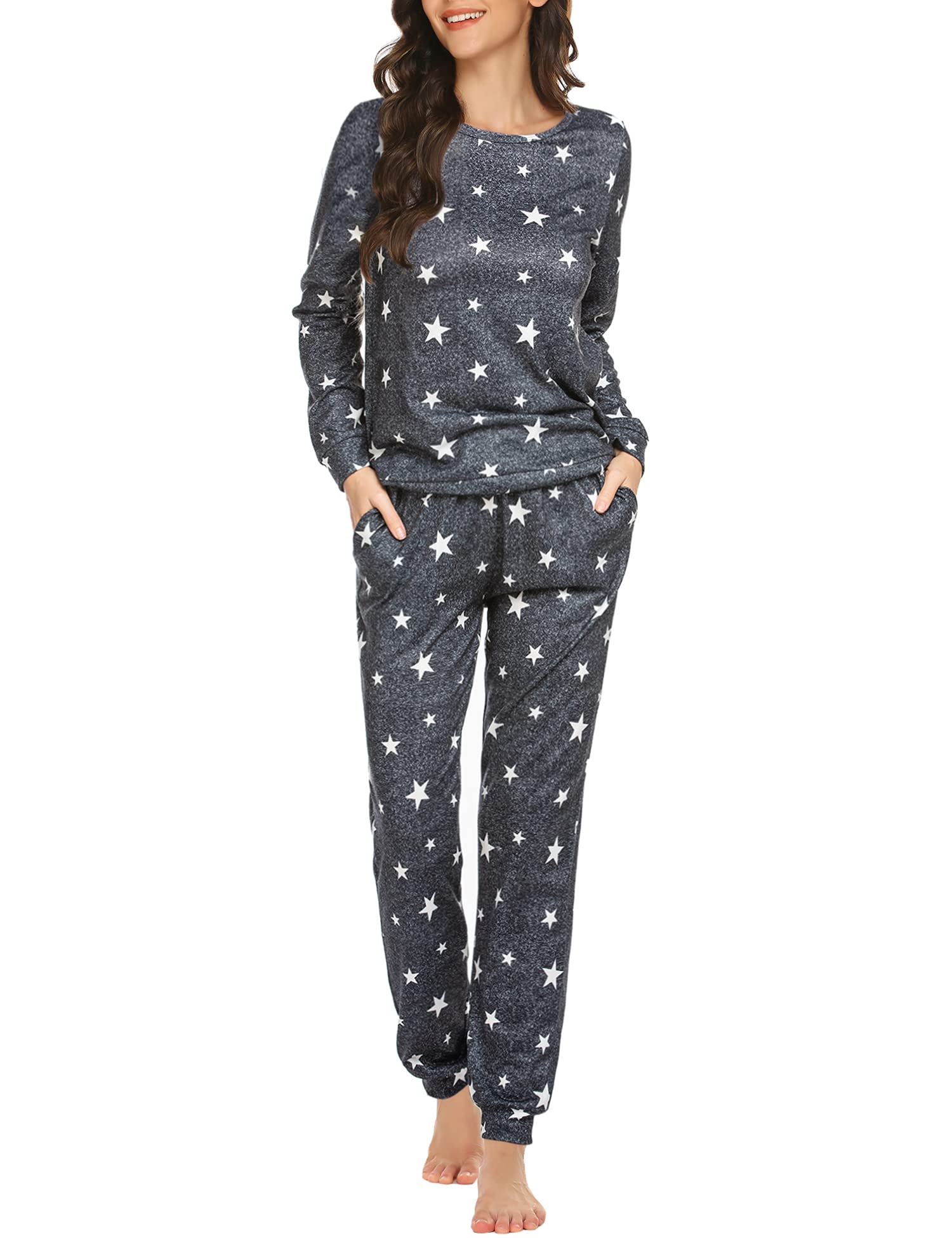Ekouaer Women's Long Sleeve Pajama Set - Soft Star Print Sleepwear with Pockets, Cozy Nightwear & Lounge Outfit for Relaxing at Home or Sleepovers