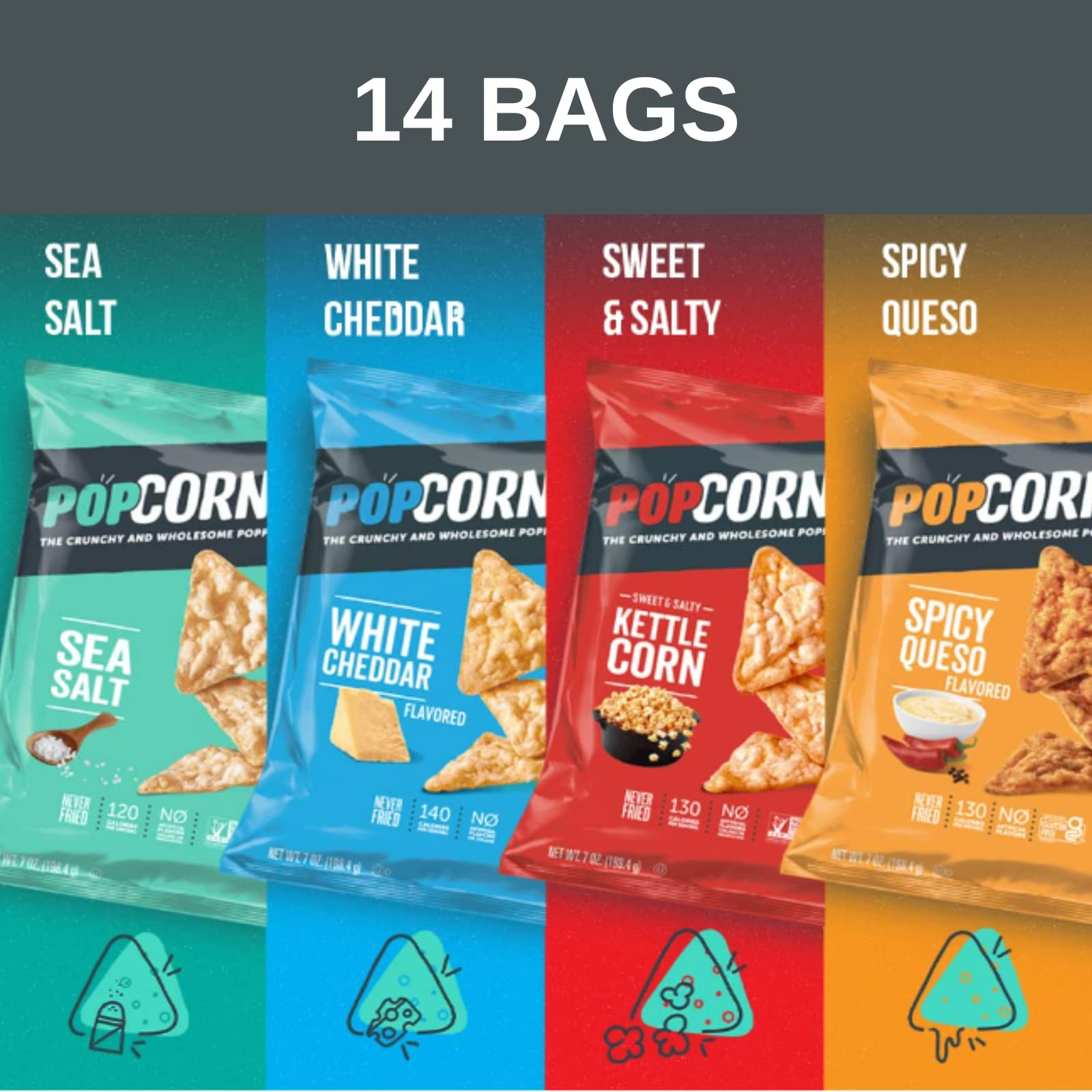 Mix Variety Pack of Popped Corn Snacks - Sea Salt, Spicy Queso, Kettle Corn & White Cheddar (1 oz, 14 Bags) - Perfect for Movie Nights, Office Snacks & Party Favors