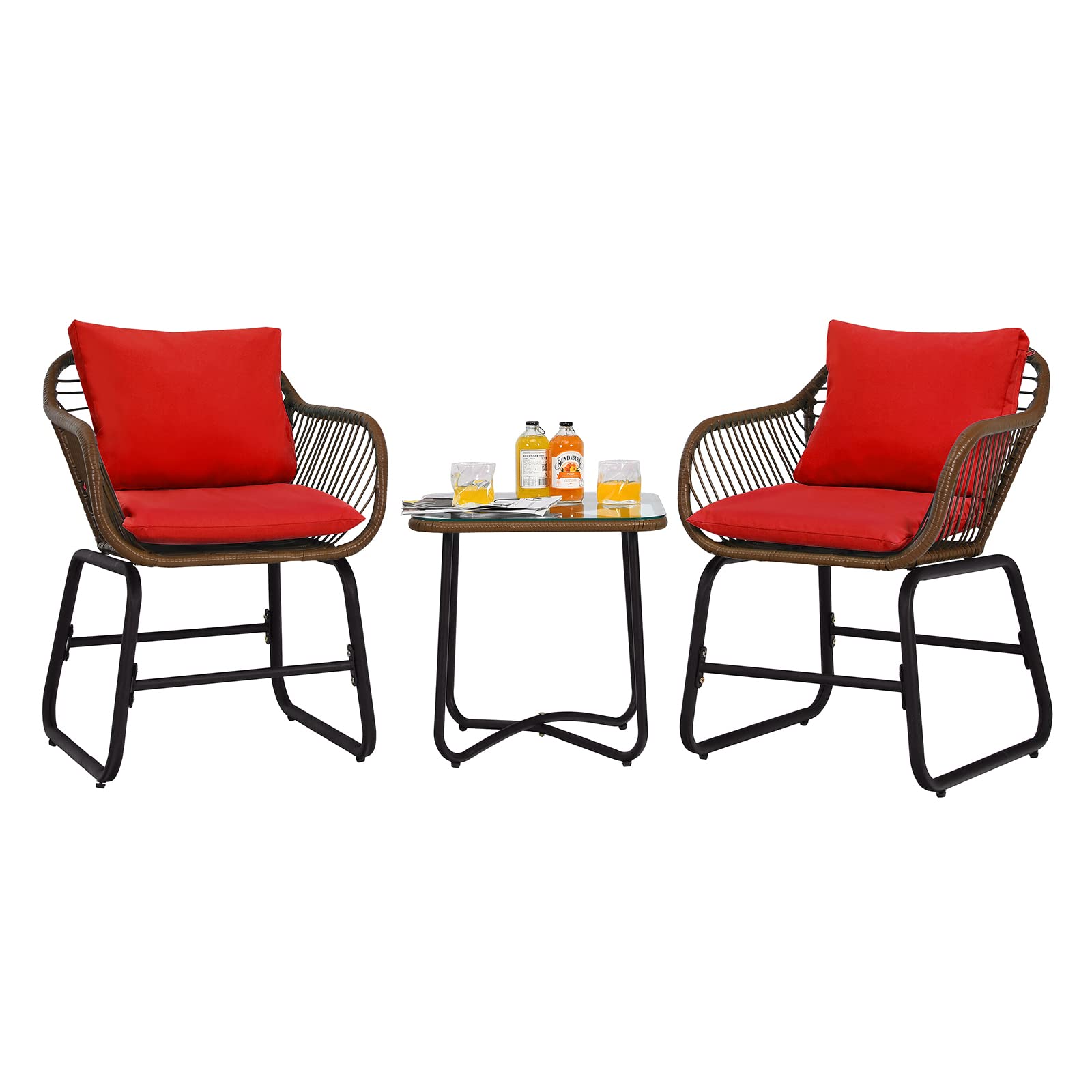 Tangkula 3-Piece Outdoor Bistro Set - PE Rattan Patio Chairs with Coffee Table, Cushions & Adjustable Foot Pads - Perfect for Garden, Backyard, Balcony or Poolside (Red) | Ideal for Relaxing, Entertaining & Outdoor Dining