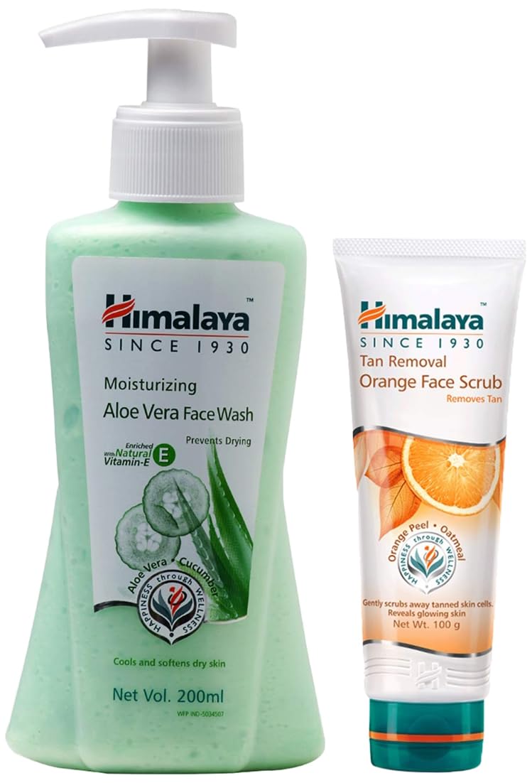 Himalaya Moisturizing Aloe Vera Face Wash (200ml) & Tan Removal Orange Face Scrub (100g) Combo - Gentle Cleansing & Exfoliating Kit for Glowing Skin | Perfect for Daily Skincare Routine & Travel Essentials