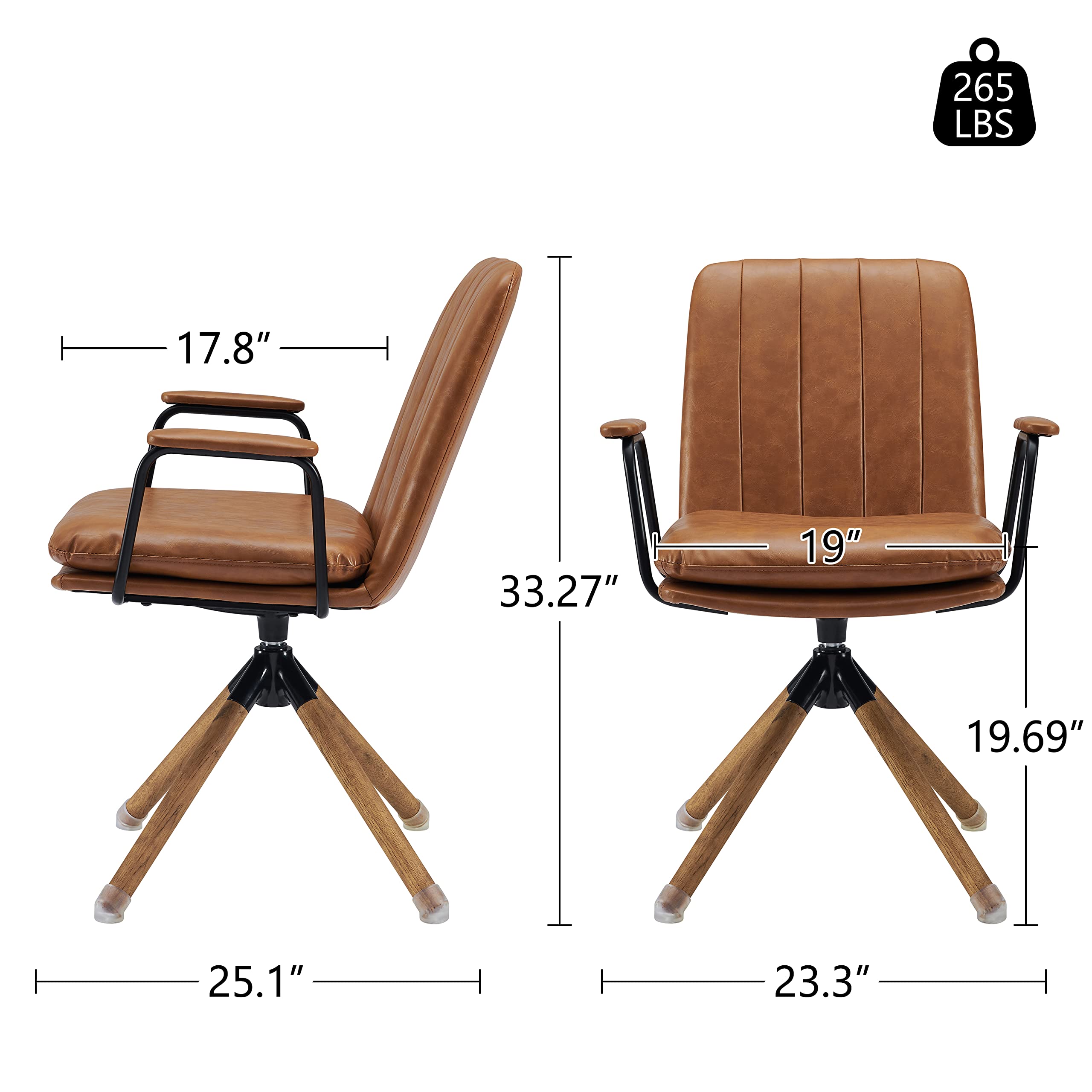 Art Leon Mid Century Modern Swivel Desk Chair Set of 2 - Oak Wood Legs & Faux Leather Upholstery, No Wheels Office Chair for Home, Bedroom or Living Room - Yellow Brown | Perfect for Small Spaces, Reading Nooks & Cozy Workstations