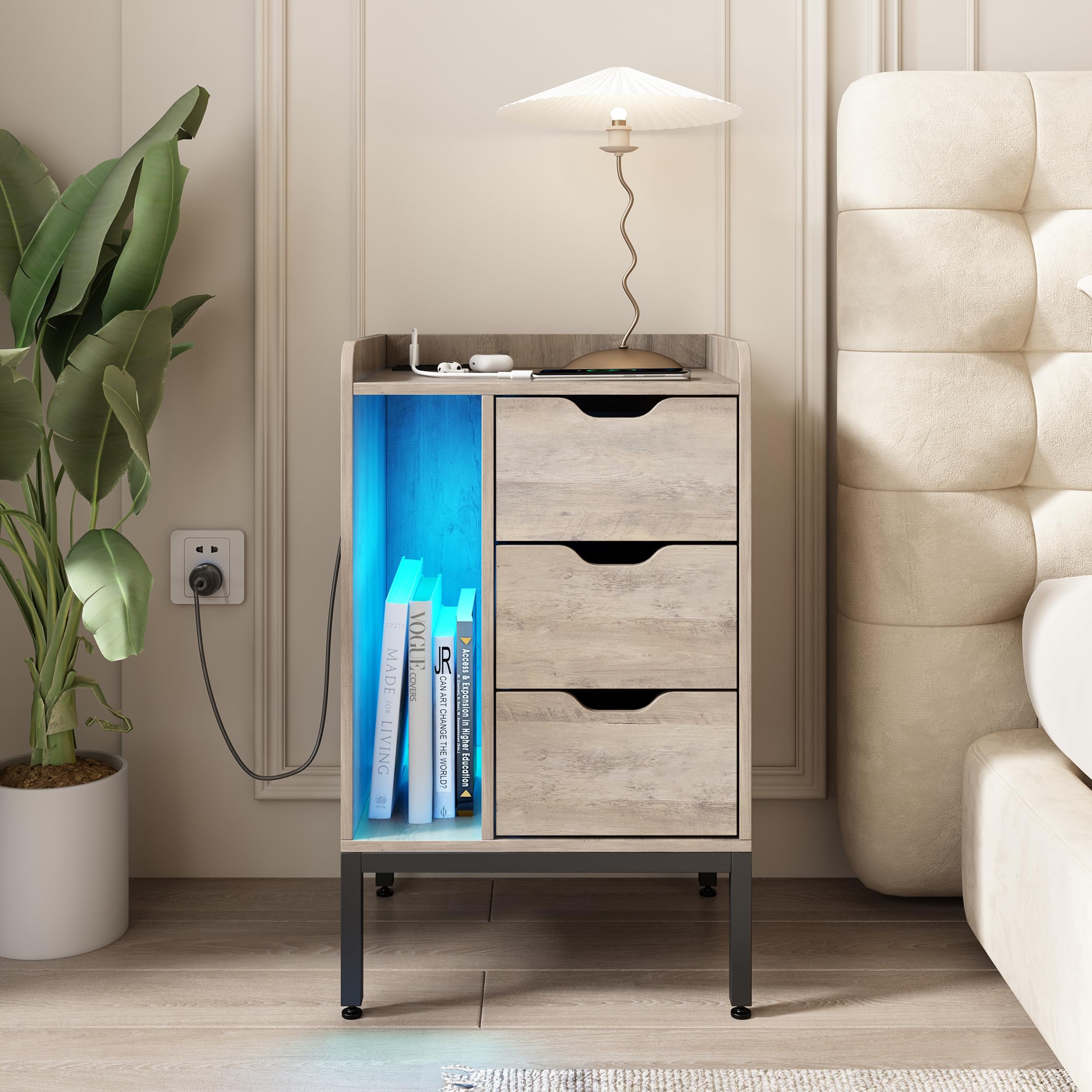 Modern Grey Nightstand with Charging Station, LED Lights & 3 Drawers - USB Outlet End Table for Bedroom & Living Room | Perfect for Small Spaces, Apartment Furniture & Nighttime Charging Convenience