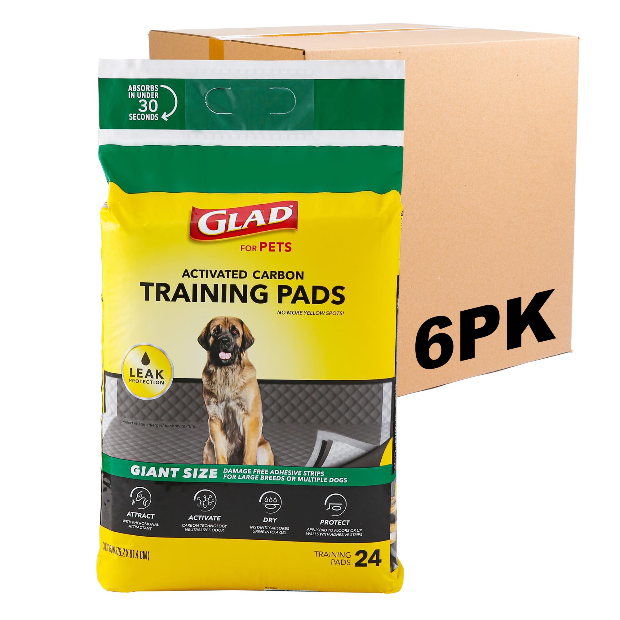 Glad for Pets Giant Size Activated Carbon Puppy Training Pads - Super Absorbent, Leak Proof with Wall Protection & Adhesive | 24 Count (6 Pack) | Ideal for Housebreaking, Crate Training & Senior Dogs
