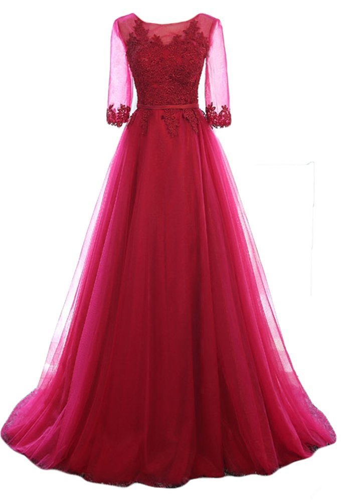 Elegant Women's Half Sleeve Lace Applique Tulle Formal Evening Gown - Perfect for Prom, Wedding Guest & Black Tie Events