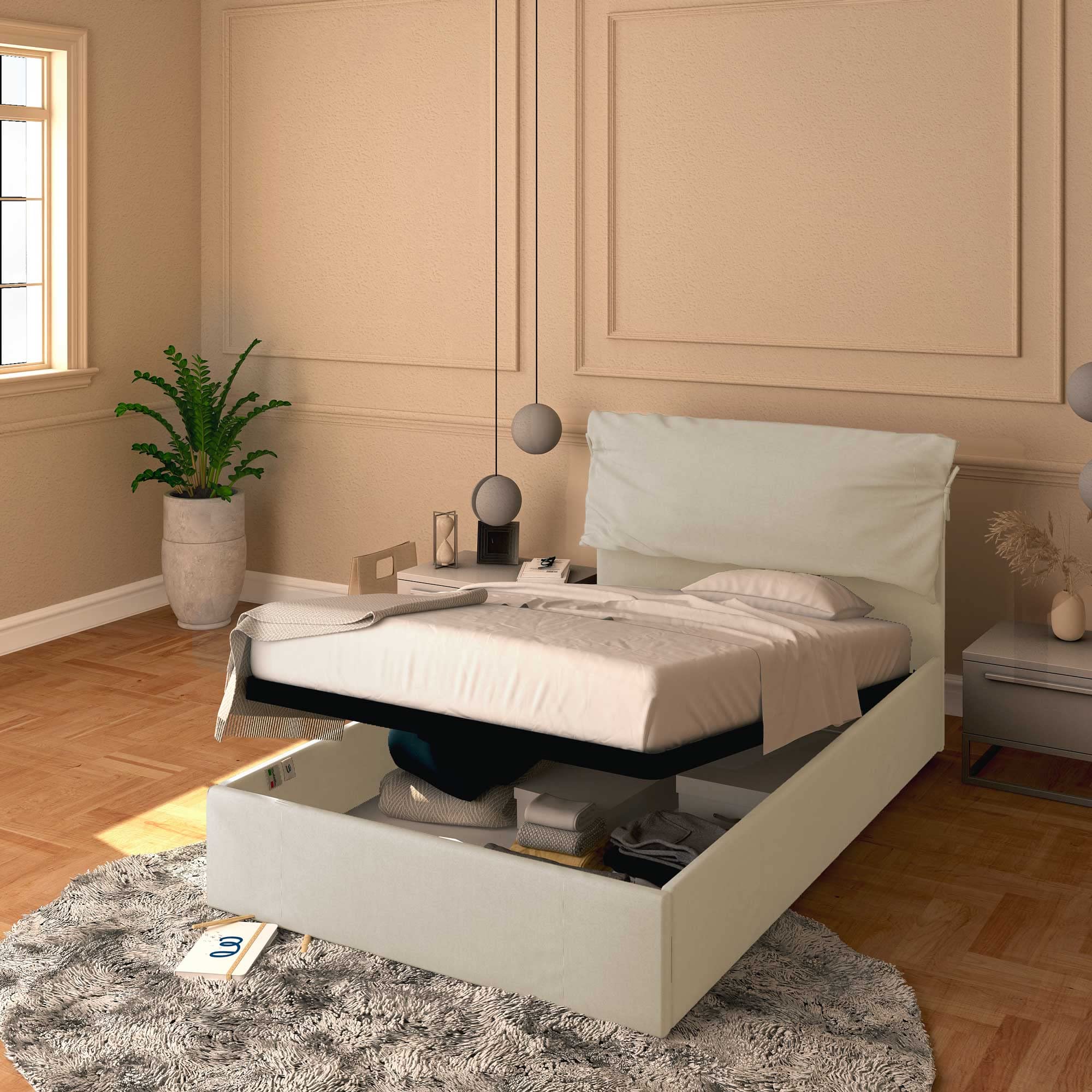 Baldiflex Single Bed with Storage - Licia Soft Synthetic Leather Upholstery, Slatted Base for Single Mattress, 120 x 190 cm, Light Beige with Padded Headboard | Space-Saving Bed Frame for Small Apartments, Dorms & Guest Rooms
