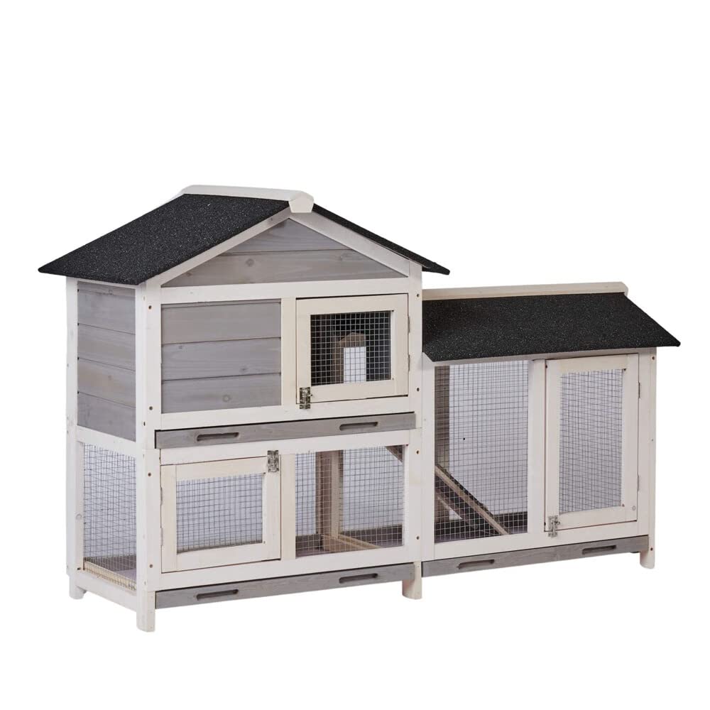 58 Inch Rabbit Hutch for Indoor & Outdoor Use - Waterproof Wooden Bunny Cage with Run, Pull-Out Tray & Removable Roof - Perfect for Rabbits, Guinea Pigs & Small Pets - Ideal for Backyard, Garden or Patio Use