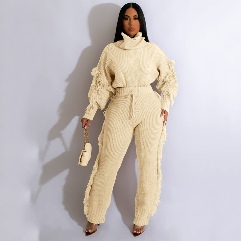 Solid Color Knitted Long Sleeve Fringe Suit - Women's Elegant Loungewear for Home, Office & Casual Outings