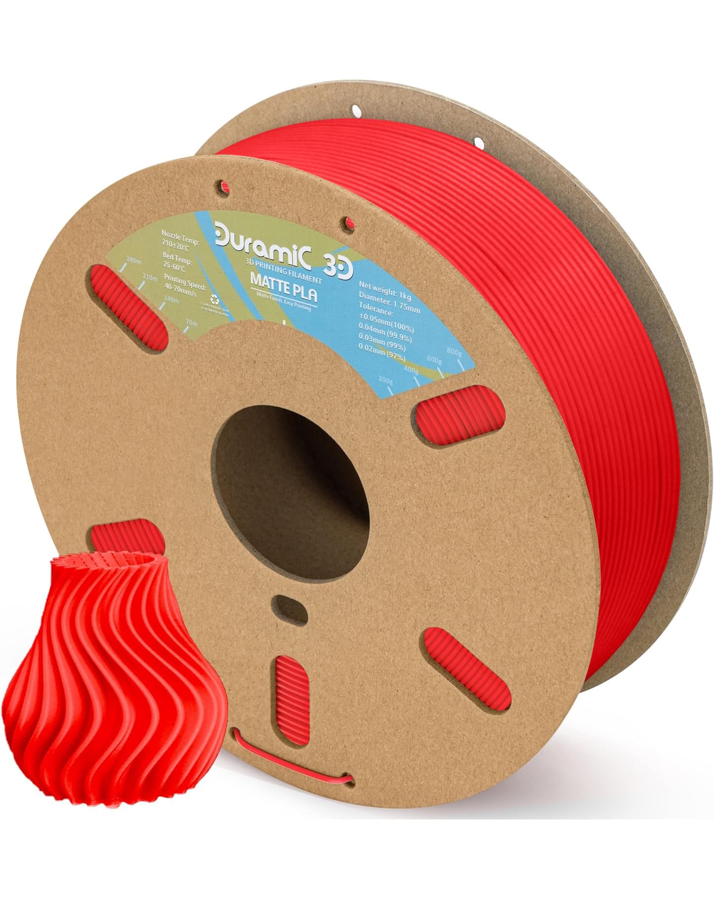 DURAMIC Matte PLA 3D Printer Filament 1.75mm Red - 1kg Spool with Matte Finish | High Precision +/- 0.03mm | Perfect for FDM 3D Printing, Miniatures, Cosplay Props & Home Decor | Easy Support Removal