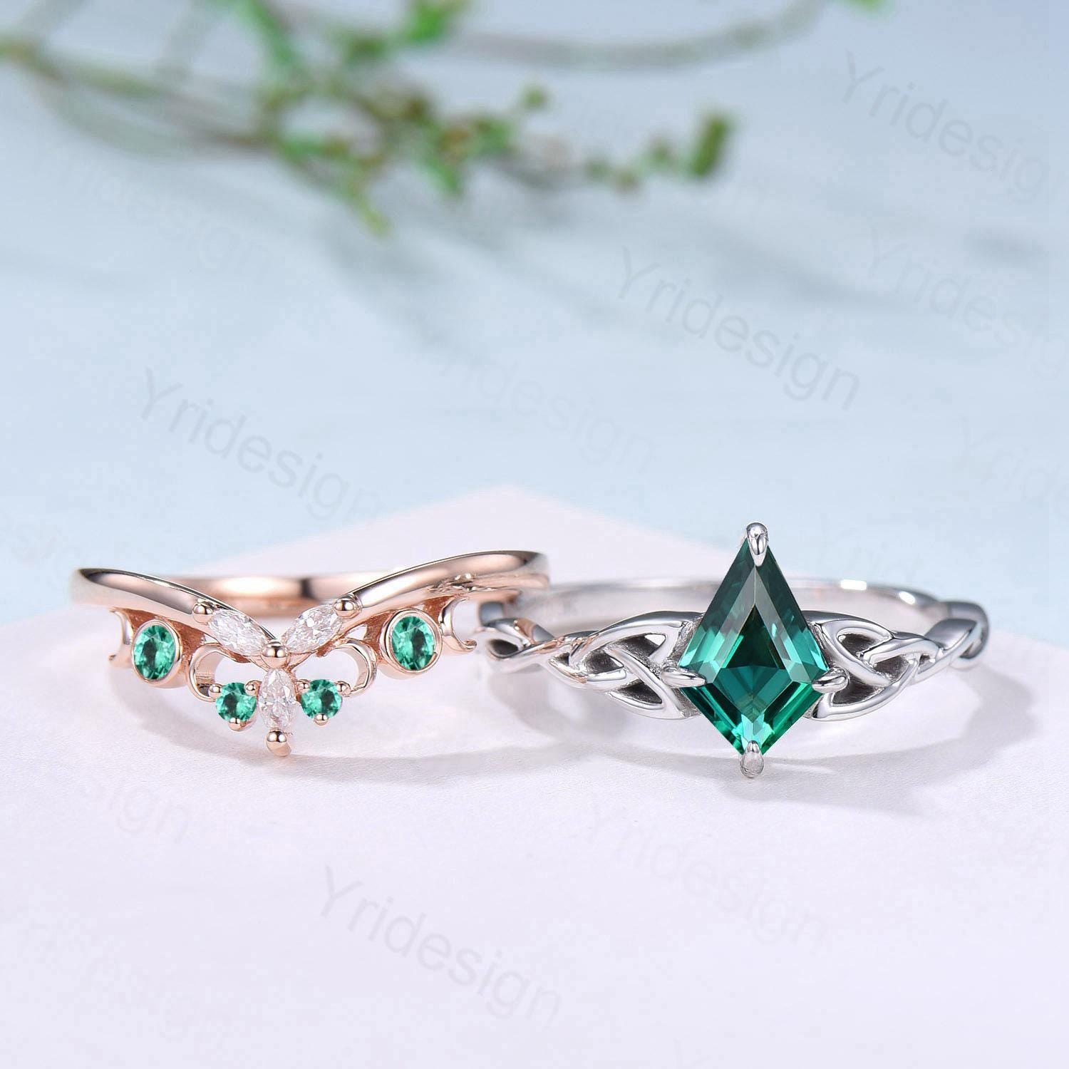 Norse Viking Kite Cut Emerald Engagement Ring Set - Unique Celtic Love Knot May Birthstone Butterfly Wedding Rings - Vintage Twist Bridal Jewelry for Weddings, Anniversaries & Special Occasions