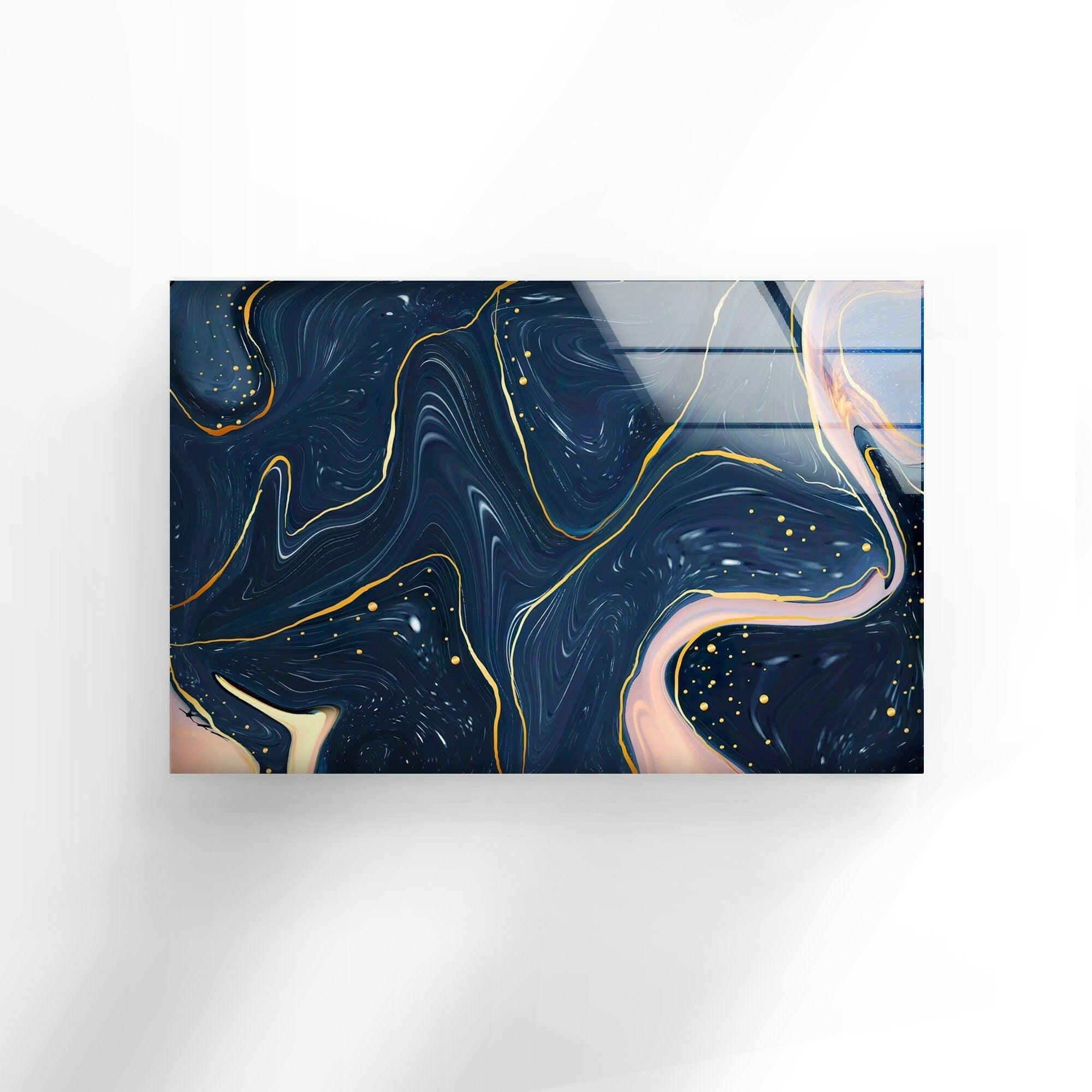 Abstract Dark Blue Glass Wall Art - Modern Handmade Decor for Living Room, Bedroom & Office - Unique Home & Office Decoration
