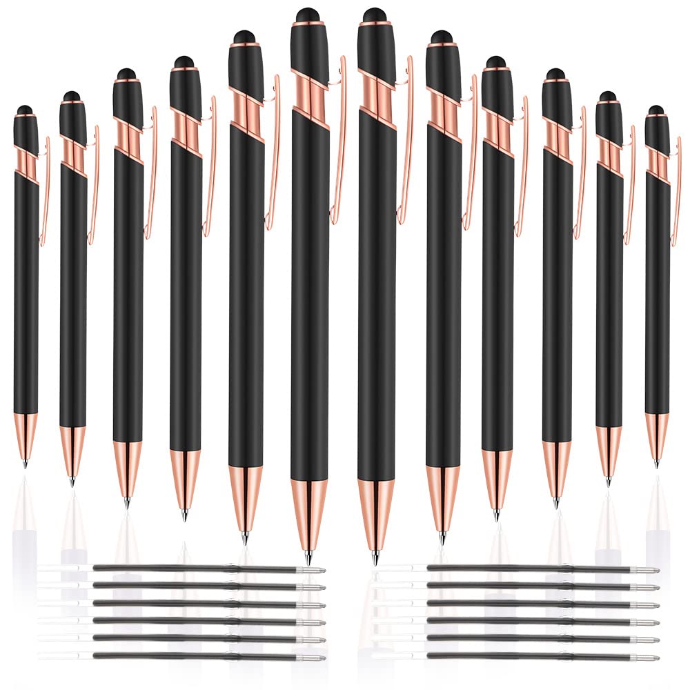 12-Pack 2-in-1 Stylus Ballpoint Pens with 1.0mm Black Ink - Metal Touch Screen Stylus & Writing Pen (Rose Gold & Black) Includes 12 Refills - Perfect for iPad, Tablet, Smartphone Note-Taking & Signing Documents