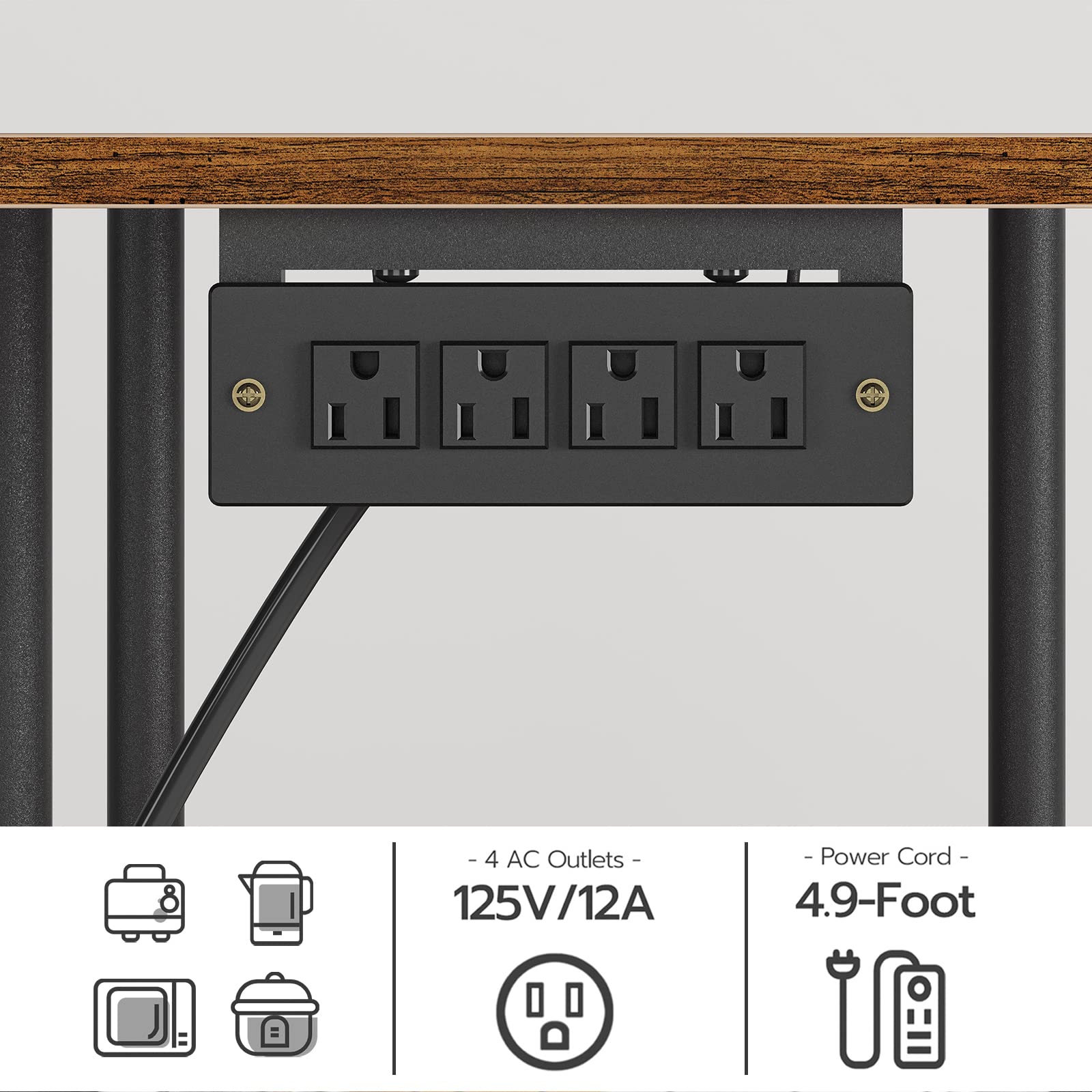 HOOBRO Rustic Brown and Black Bakers Rack with Power Outlet - Microwave Stand with 5 S-Shaped Hooks, Kitchen Storage Shelf & Coffee Bar Organizer - Perfect for Kitchen, Living Room, Dining Room, or Home Office (Model BF07UHB01)