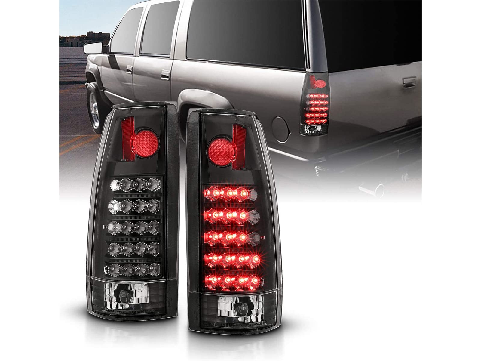 AmeriLite LED Tail Lights Assembly Pair - Black Housing for 1988-1999 Chevy GMC C/K Pickup Truck, Tahoe, Suburban (Driver & Passenger Side) | Durable Replacement Lights for Night Driving & Enhanced Safety
