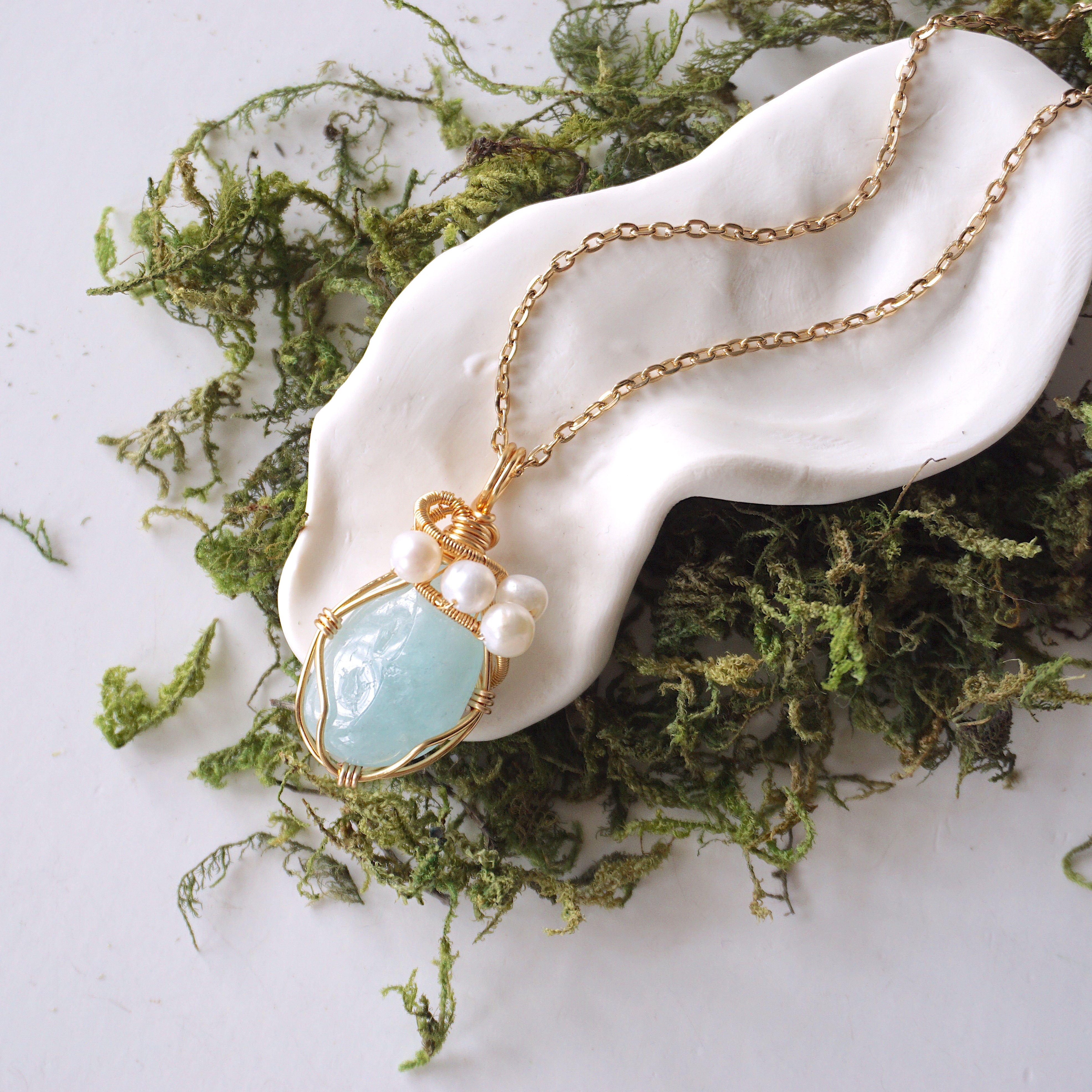 Elegant Aquamarine and Pearl Necklace - 14K Gold Plated Jewelry for Women | Perfect for Weddings, Anniversaries & Special Occasions