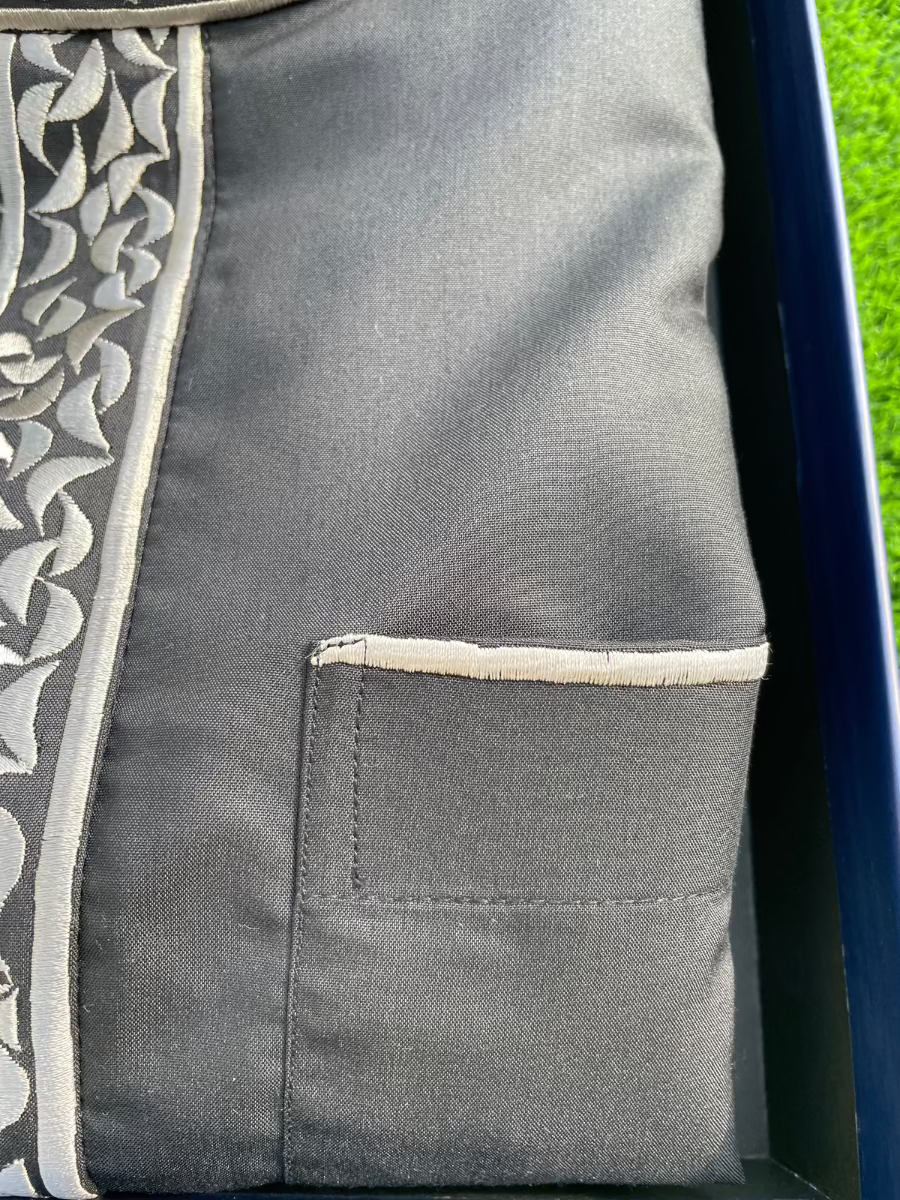 Men's Black Saudi Thobe with Silver Embroidery - Traditional Arabic Islamic Robe for Eid, Wedding & Special Occasions