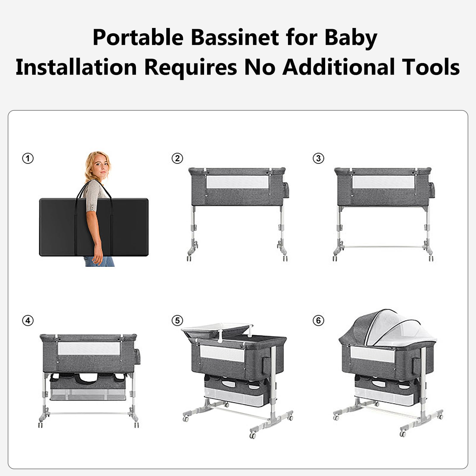 Portable Baby Bassinet Bedside Sleeper with Adjustable Height, Diaper Changing Station & Mosquito Net - 16 Gallon Storage Capacity, Grey - Perfect for Co-Sleeping, Nursery & Travel Use