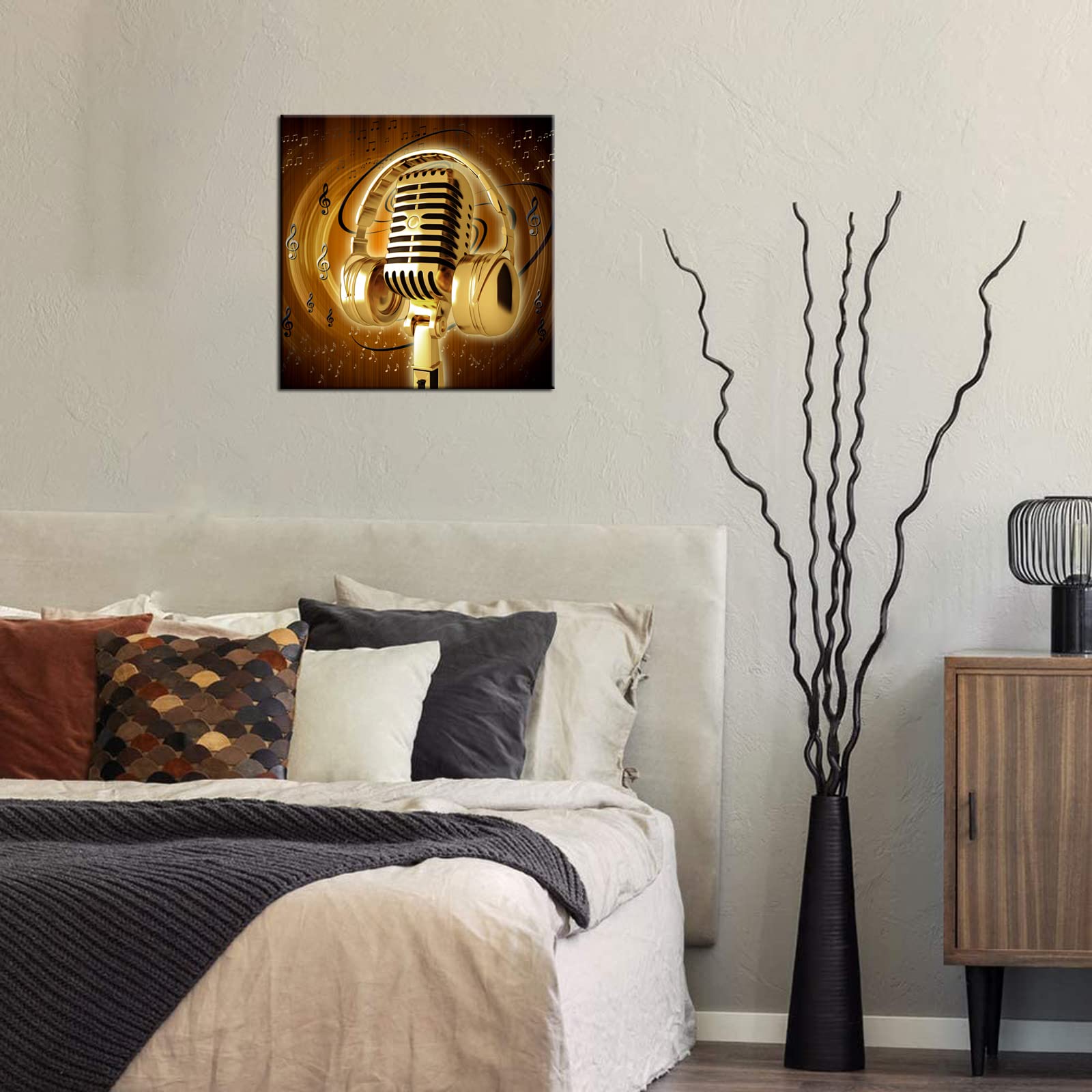 Gold Metal Microphone & Headset Music Wall Art - 24x24 Inch Canvas Print with Musical Notes, Stretched & Framed Ready to Hang - Perfect for Home Studio, Living Room & Office Decor - Modern Music Lover Gift Idea