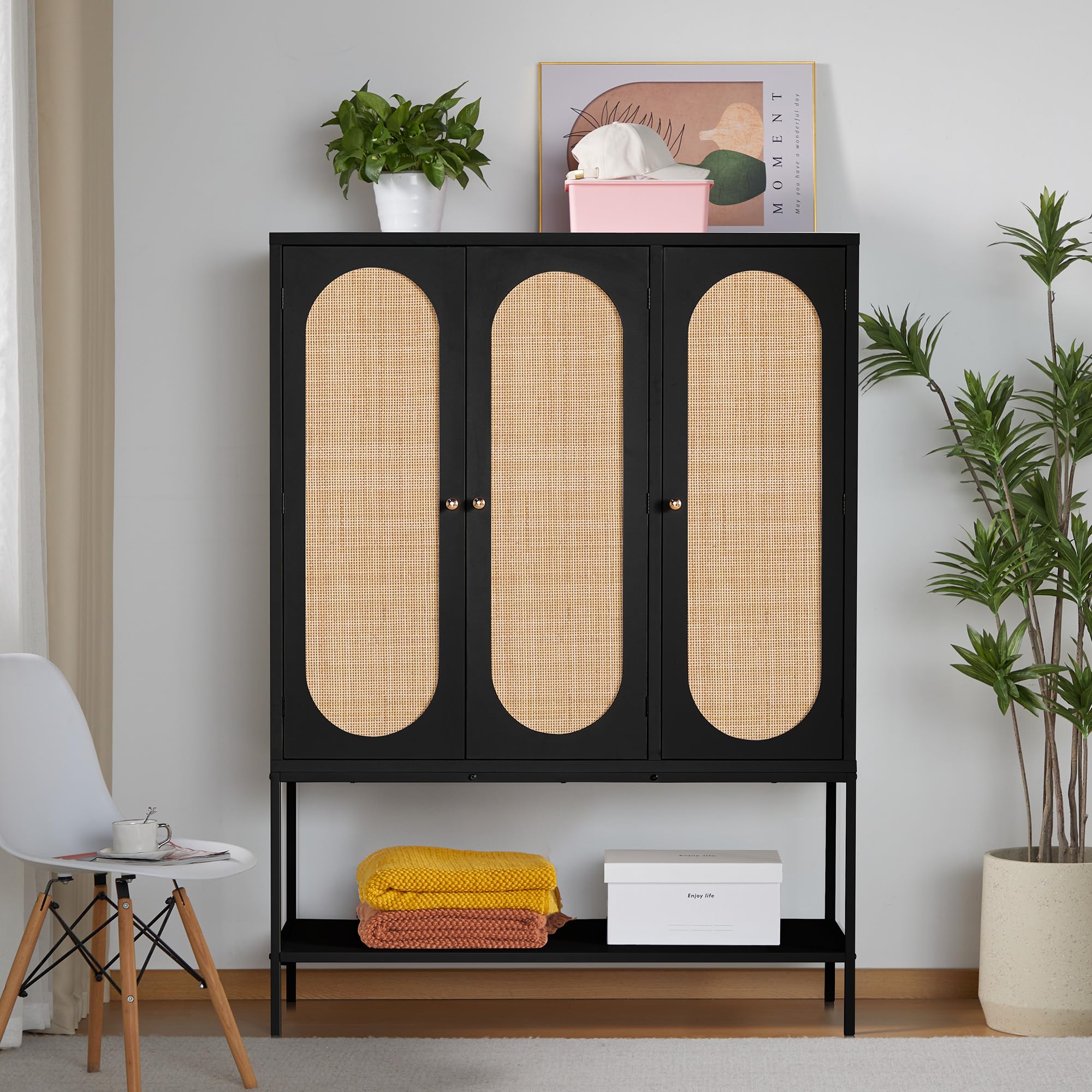 LEVNARY 3-Door Large Armoire Wardrobe Closet - Freestanding Rattan Cabinet with Hanging Rail for Clothes Storage, Wooden Closet Organizer for Bedroom, Black (47.24