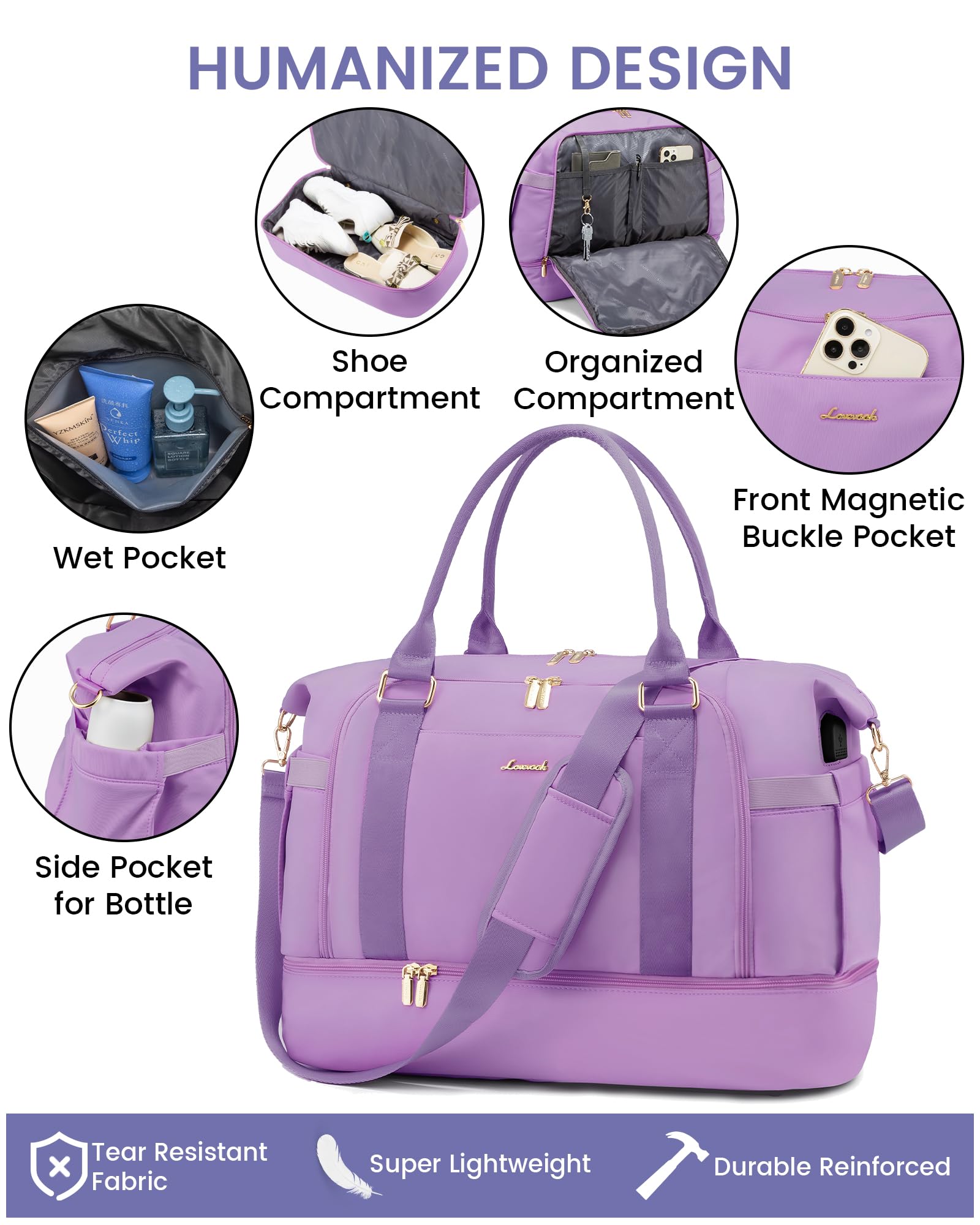 LOVEVOOK Gym Bag for Women - Travel Duffel Bag with USB Charging Port & Shoe Compartment | Weekender Overnight Bag, Toiletry Organizer & Hospital Delivery Bag | Perfect for Workouts, Travel & Maternity Use