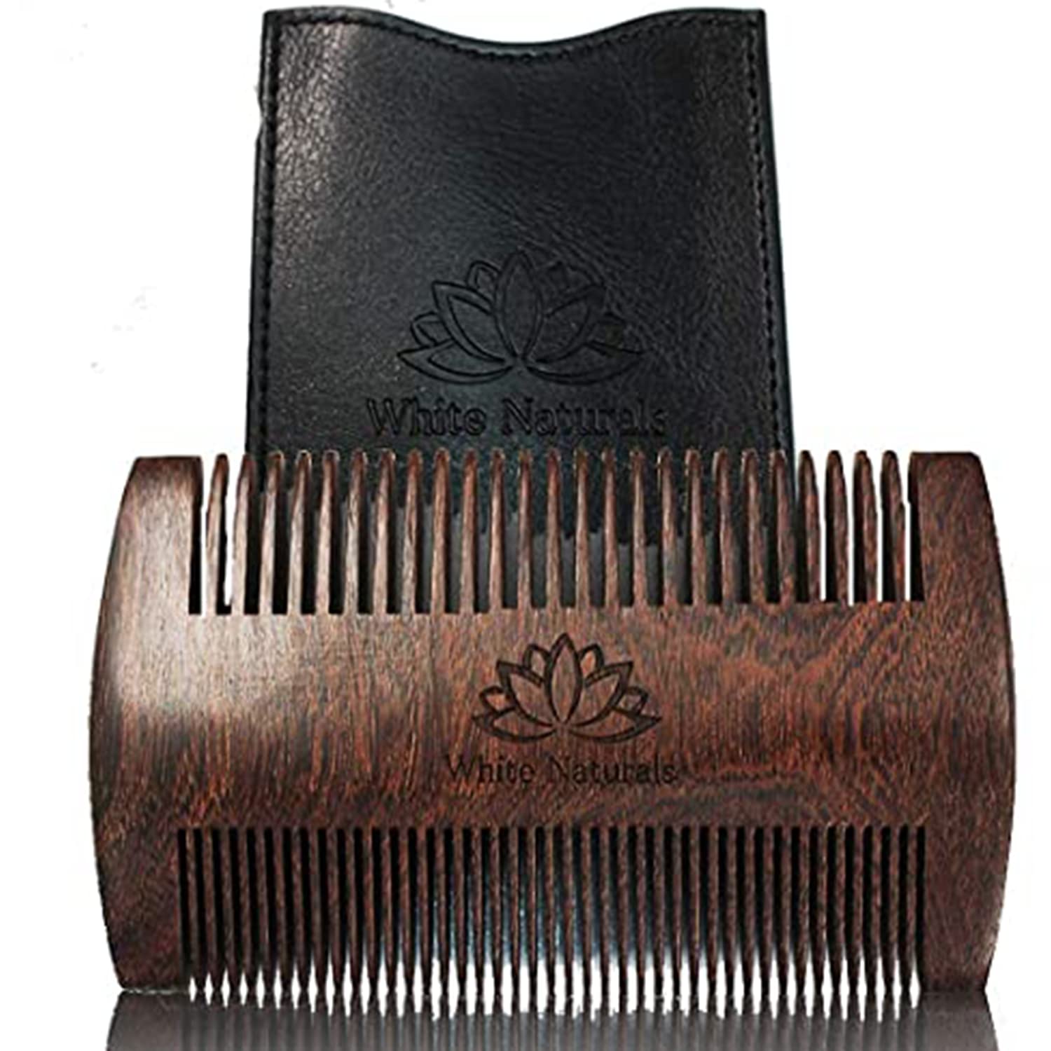 Premium Sandalwood Beard Comb for Men - Handmade Wooden Comb with Dual Action Teeth for Grooming & Styling - Includes PU Leather Case - Perfect for Travel, Home & Salon Use with Balms & Oils