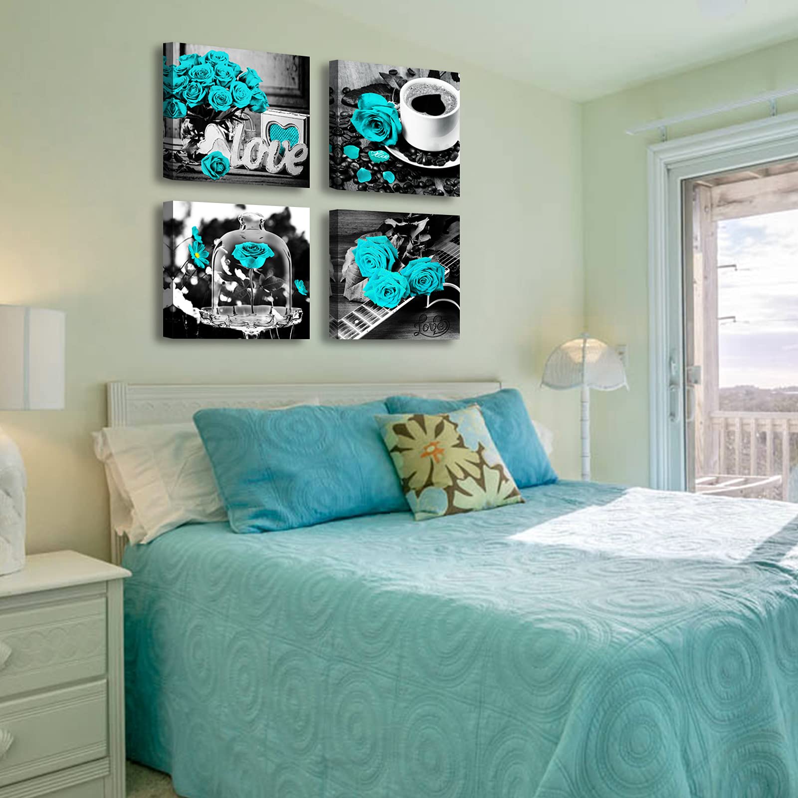 Turquoise Rose Canvas Wall Art Set - 4 Piece 12x12 Inch Framed Floral Prints for Bedroom, Living Room & Kitchen Decor | Modern Home Accessories & Gift Idea