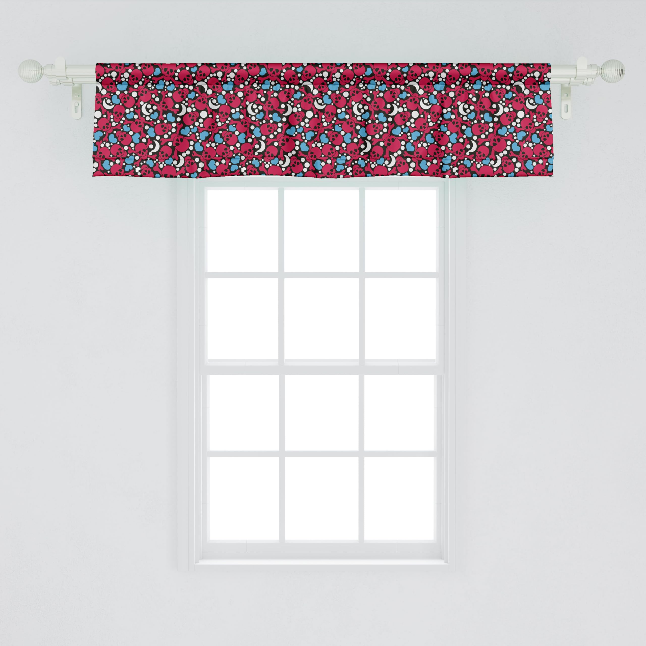 Ambesonne Skull Window Valance - Smiling Red Skulls with Hearts, Moons & Dots Black Pattern, 54x12 Inch Kitchen & Bedroom Curtain Valance with Rod Pocket - Perfect for Gothic, Halloween & Boho Home Decor