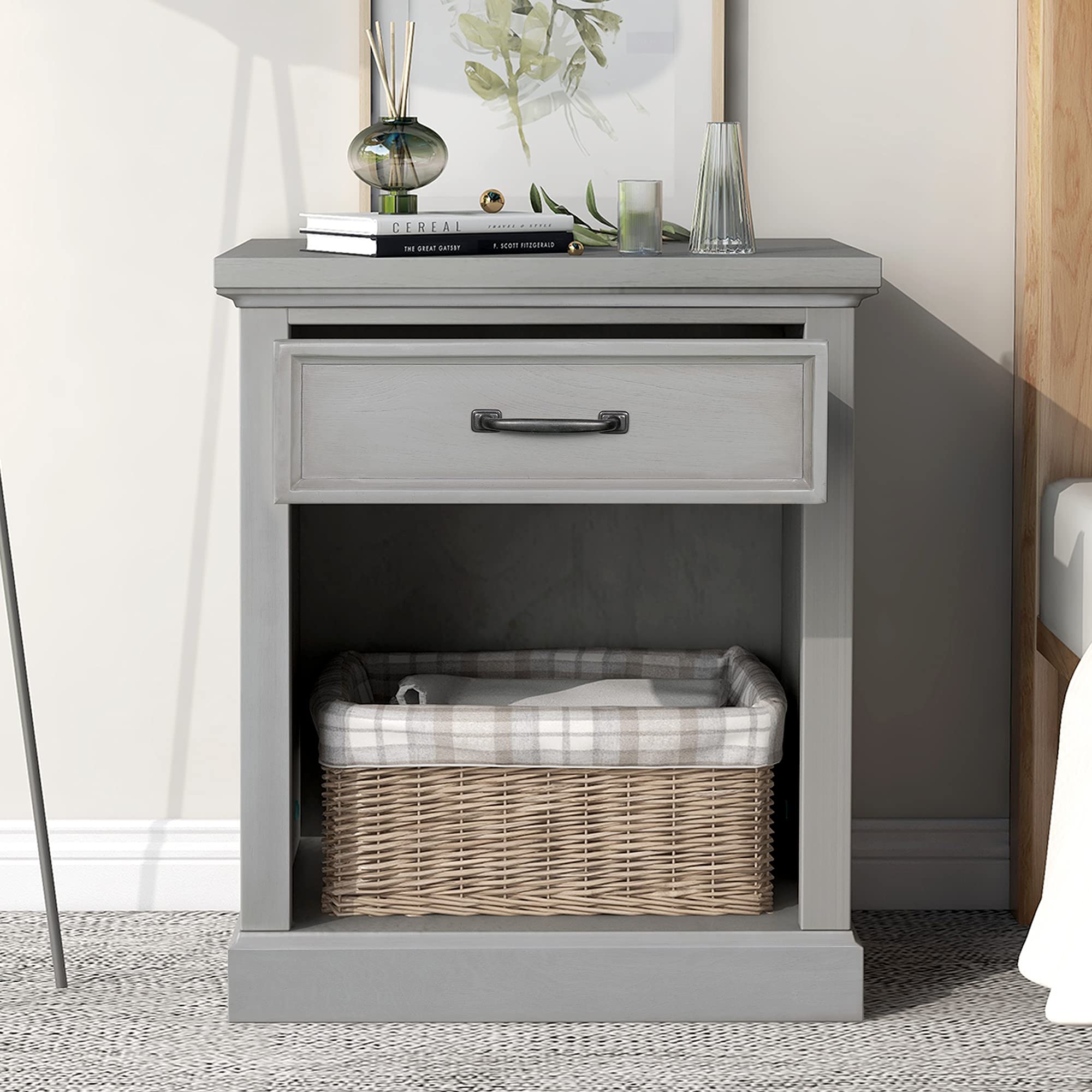 Mid Century Modern Nightstand with Drawer & Shelf - Wooden Bedside End Table for Bedroom Storage | Grey Finish | Perfect for Small Spaces, Apartments & Guest Rooms