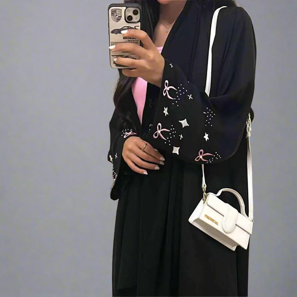 Elegant Hijab Embroidery Cuff Satin Cardigan Open Abaya Dress - Modest Muslim Fashion for Women, Prayer, Special Occasions & Everyday Wear