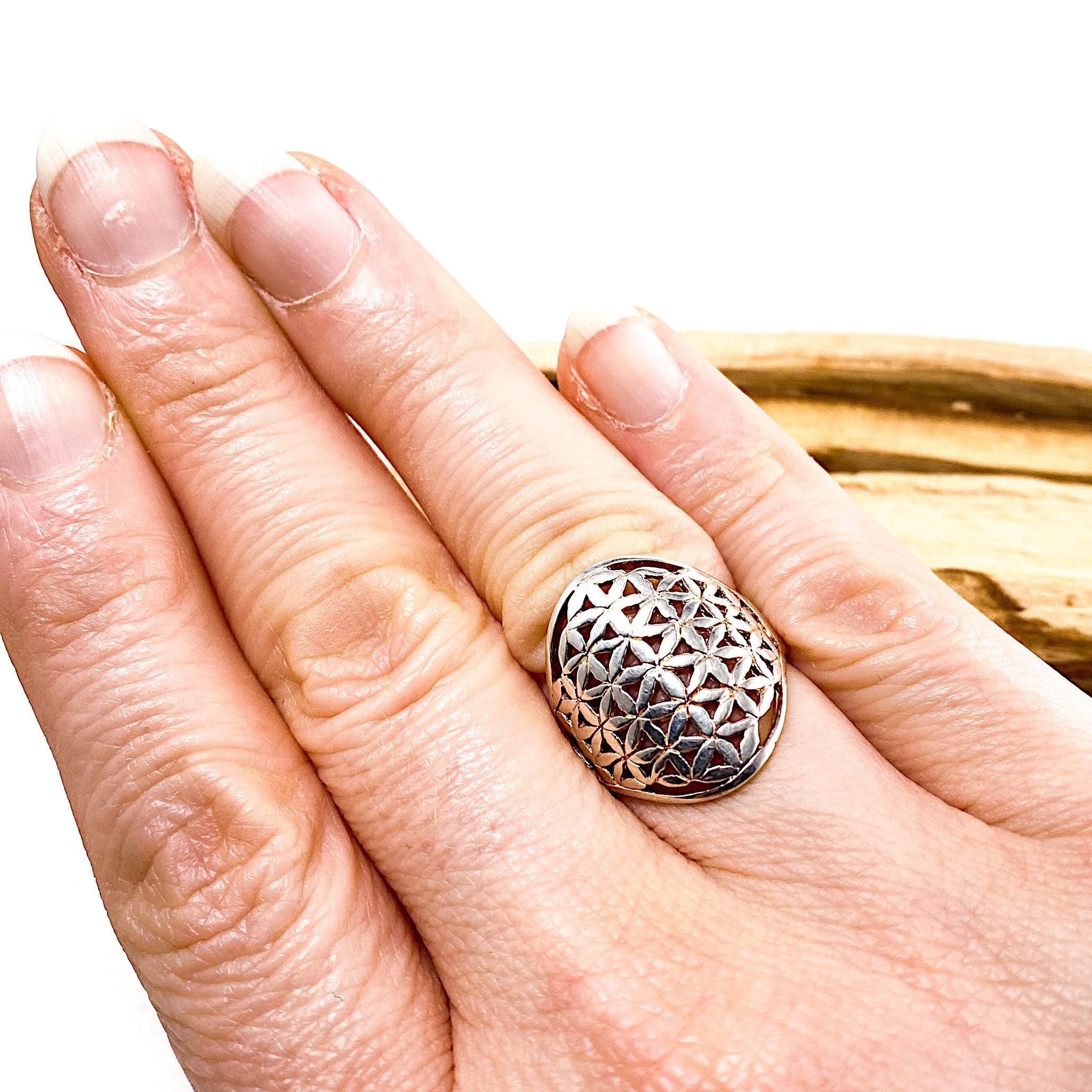Sacred Geometry Flower of Life Sterling Silver Ring RG341 - Spiritual Jewelry for Meditation, Yoga & Energy Healing