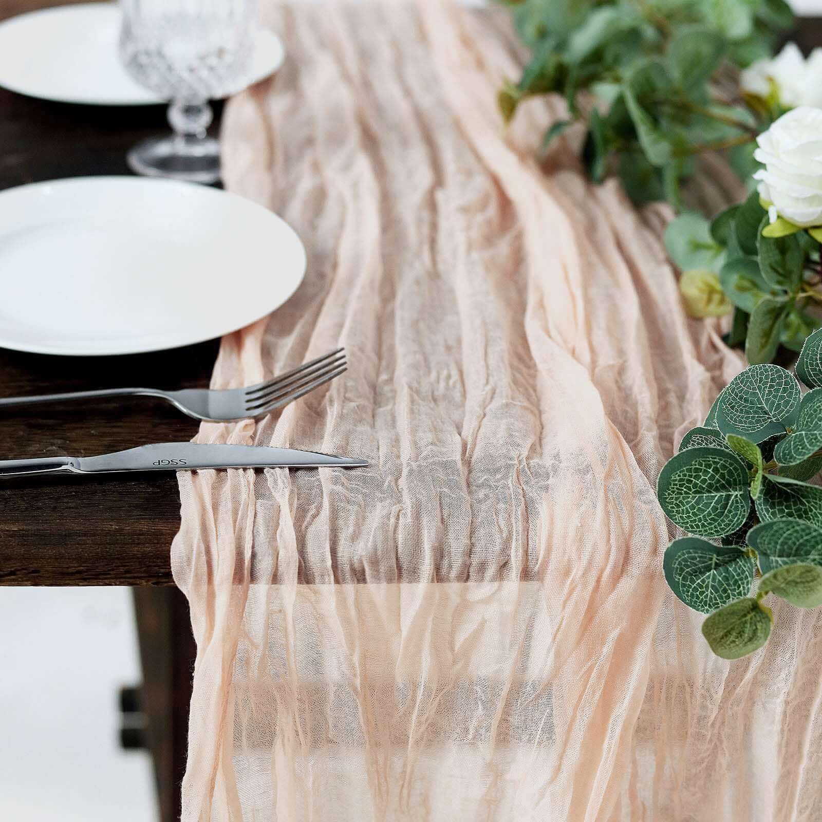 Efavormart 10FT Cheesecloth Table Runner - Boho Wedding Decor, Gauze Fabric Table Cover for Rustic Wedding, Party, Baby Shower - Blush Rose Gold