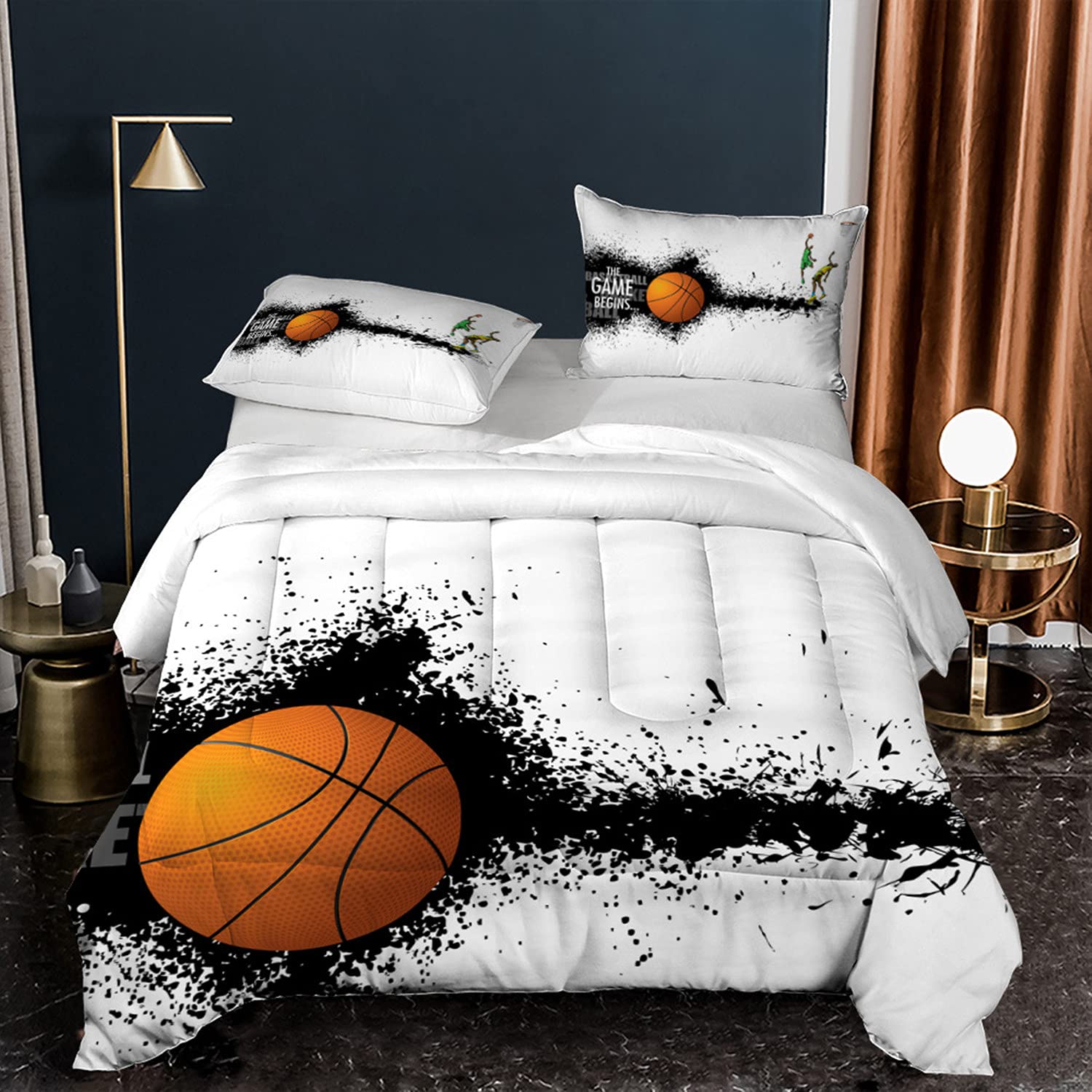 King Size White and Black Basketball Comforter Set - Sports Themed Bedding for Boys, Teens & Kids - Includes 1 Duvet Insert + 2 Pillowcases - Perfect for Game Rooms, Dorm Decor & Sports Enthusiasts