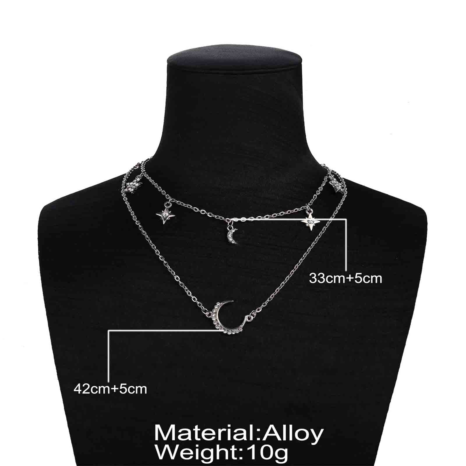 Boho CZ Moon & Star Necklace - Silver Layered Choker with Rhinestone Crescent Pendant | Women's Festival Jewelry for Concerts, Raves & Boho Fashion