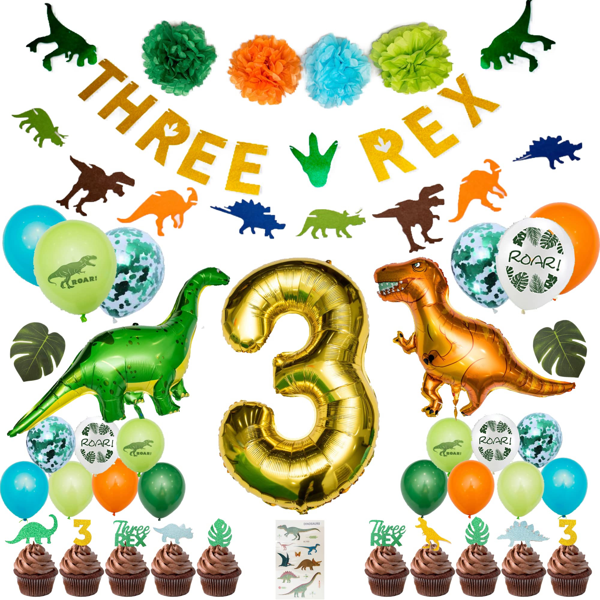 Rex Dinosaur Birthday Party Decorations Set - 3 Dino Banners & Balloons for Boys 3rd Birthday - Perfect for Jurassic Themed Parties, Dinosaur Lover's Celebration, and Kids Birthday Decor
