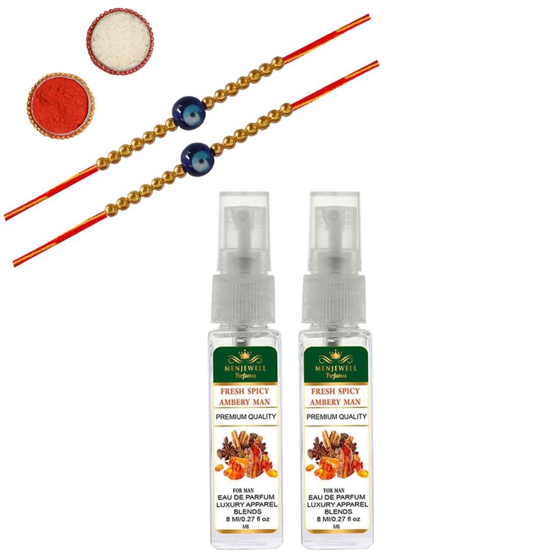 Premium Men's Perfume Gift Set for Brother - Long Lasting Spicy Ambery Scent | Luxury Raksha Bandhan Fragrance Hamper | 8ml (2-Pack) with 2 Rakhis | Perfect for Birthday, Anniversary & Special Occasions