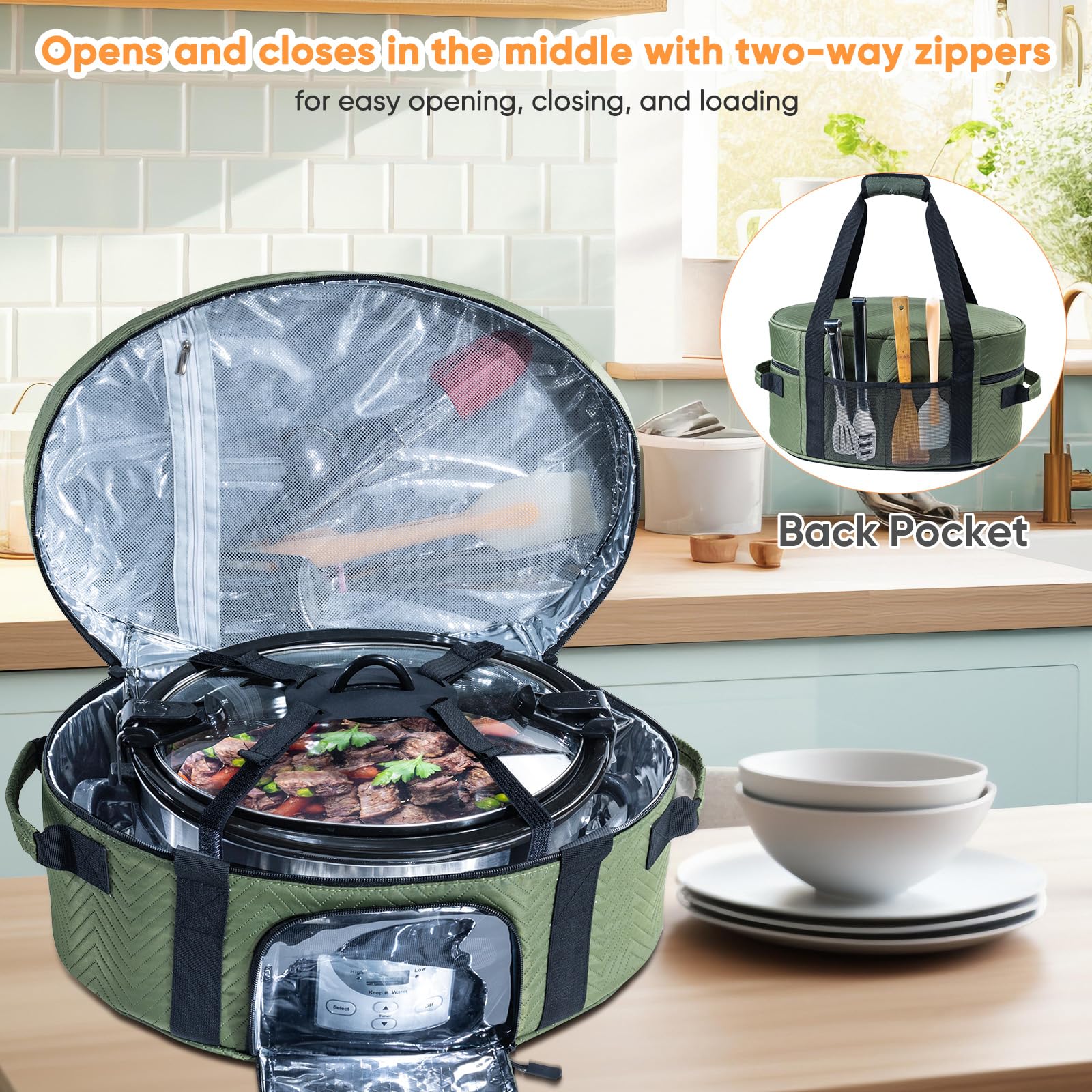 Insulated Slow Cooker Carrying Bag for 6-8 Quart CrockPot & Hamilton Beach - Portable Thermal Cooker Case with See-Through Window, Adjustable Strap & Accessory Pocket - Perfect for Picnics, Potlucks & Travel