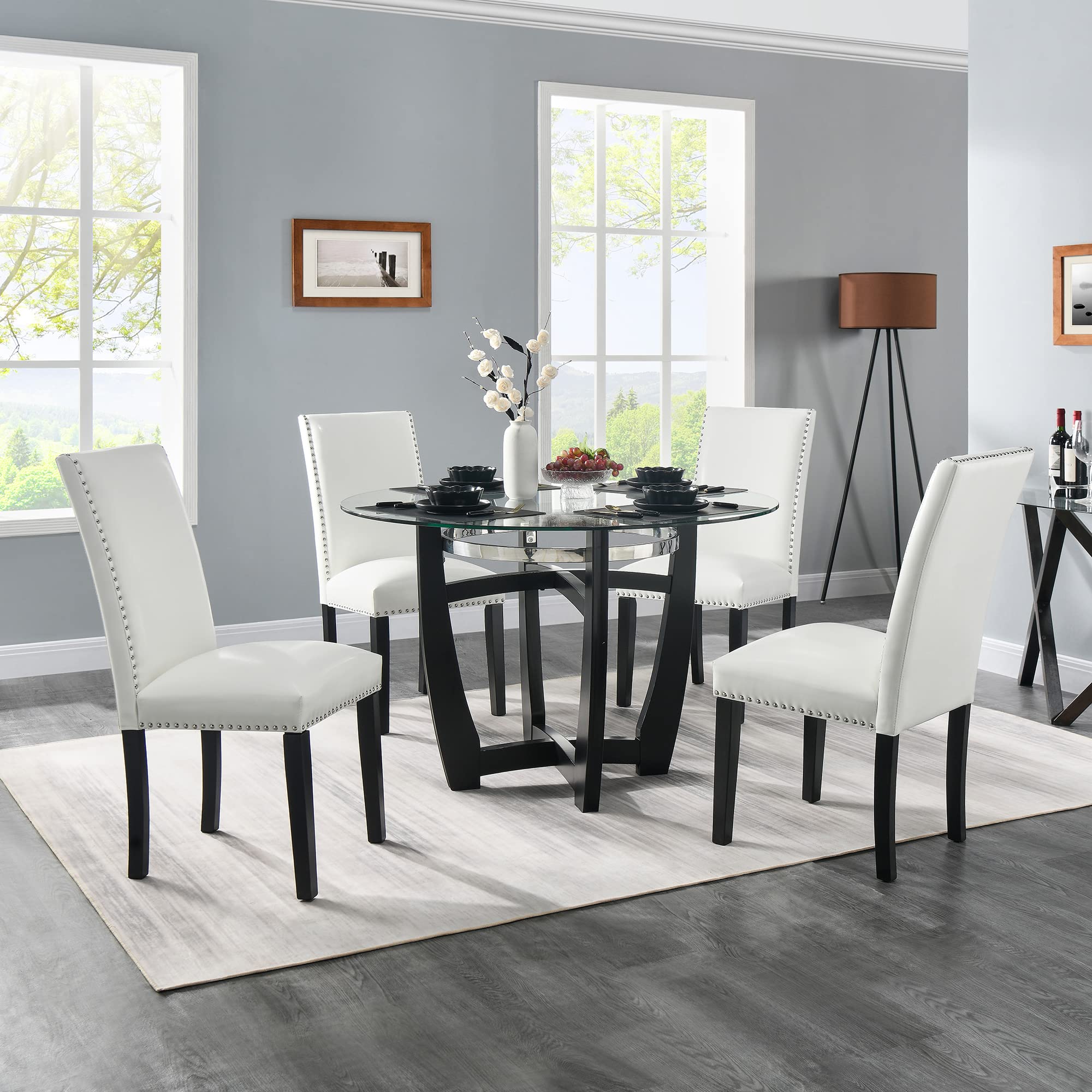 LEEMTORIG Set of 2 Faux Leather Upholstered Parsons Dining Chairs with Nail-Head Trim - Ivory White CY-1122-WT - Modern Kitchen, Dining Room, Living Room, Bedroom & Outdoor Lounge Seating for Home & Cafe