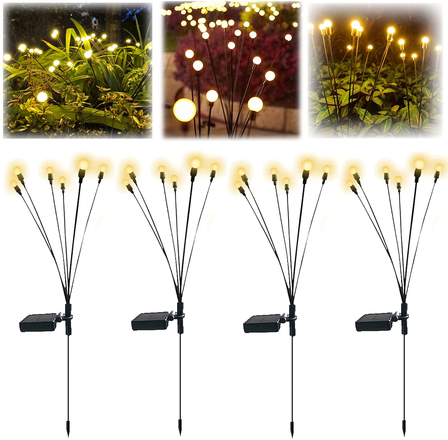 4PCS Solar Powered Garden Lights Outdoor Waterproof - 6LED Starburst Swaying Lights with Wind Motion for Patio, Yard, Pathway Decoration | Warm White Solar String Lights (4-Pack) | Perfect for Garden, Lawn, Deck & Landscape Lighting