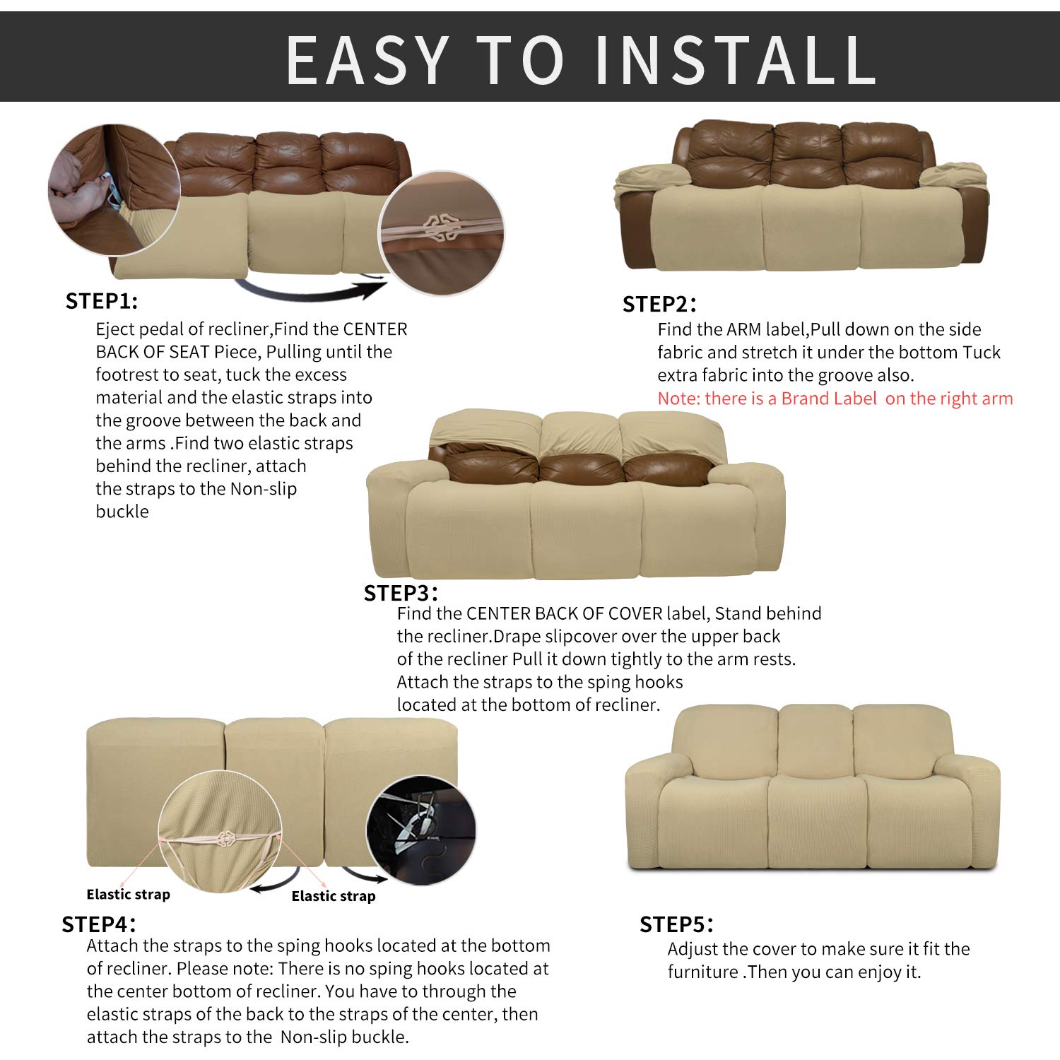 8-Piece Recliner Sofa Slipcover Set - Stretchable Jacquard Fabric with Elastic Bottom - Beige Checkered Design - Furniture Protector for Couches, Chairs & Sectionals - Perfect for Homes with Kids & Pets