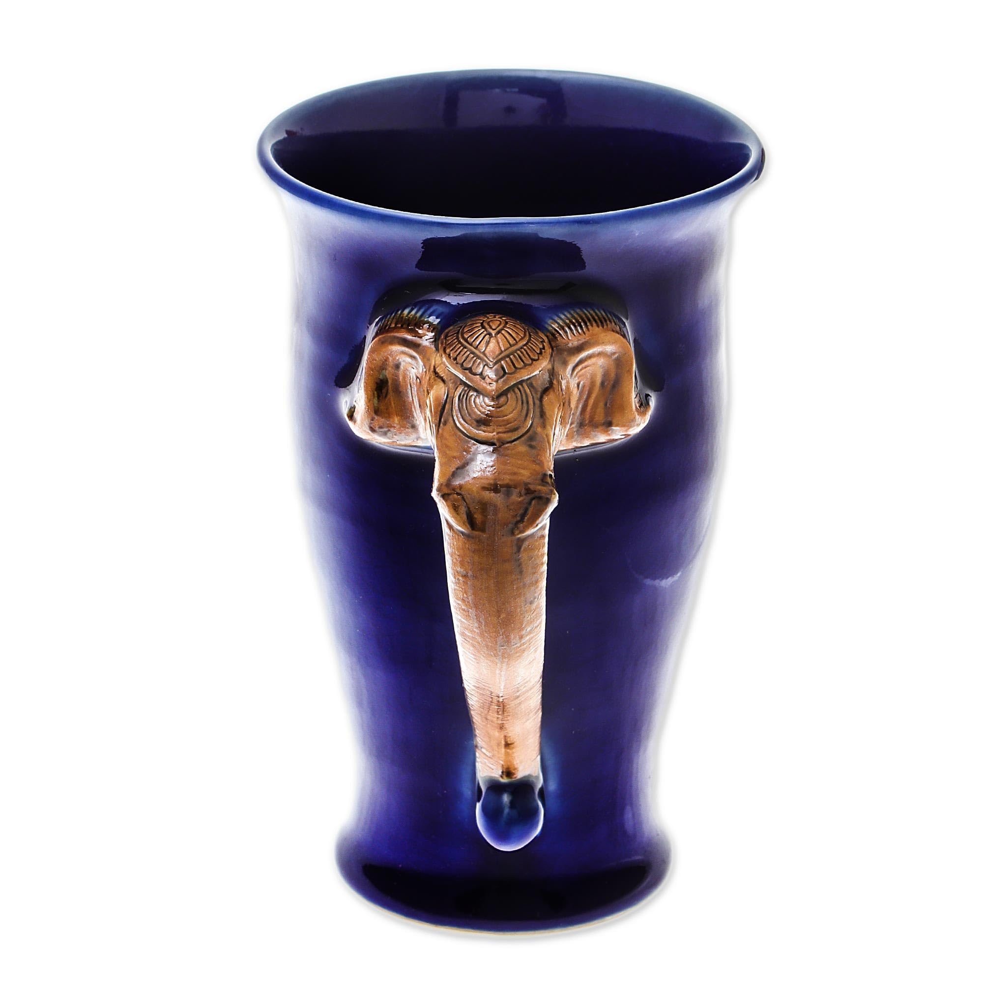 Handmade Thai Celadon Ceramic Mug with Elephant Design - Blue & Brown Artisan Coffee Cup - 12 Oz Thailand Tableware for Home & Office Use - Perfect for Tea, Coffee & Gifts - 5.5in H x 4.9in W x 3.5in D