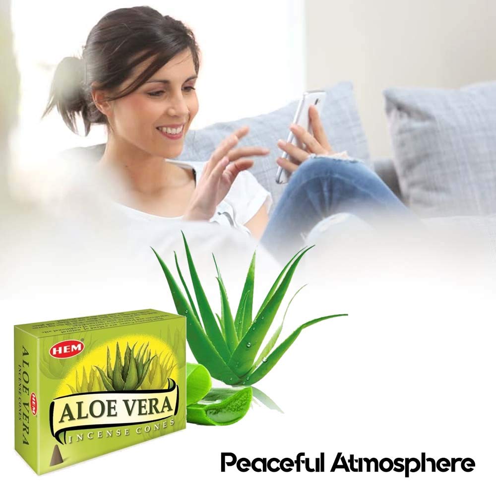 Premium HEM Incense Aloe Vera Sticks - Pack of 12 Boxes (10 Cones Each) | Authentic Indian Incense for Meditation, Yoga & Aromatherapy | Creates Relaxing Atmosphere at Home, Spa or Office